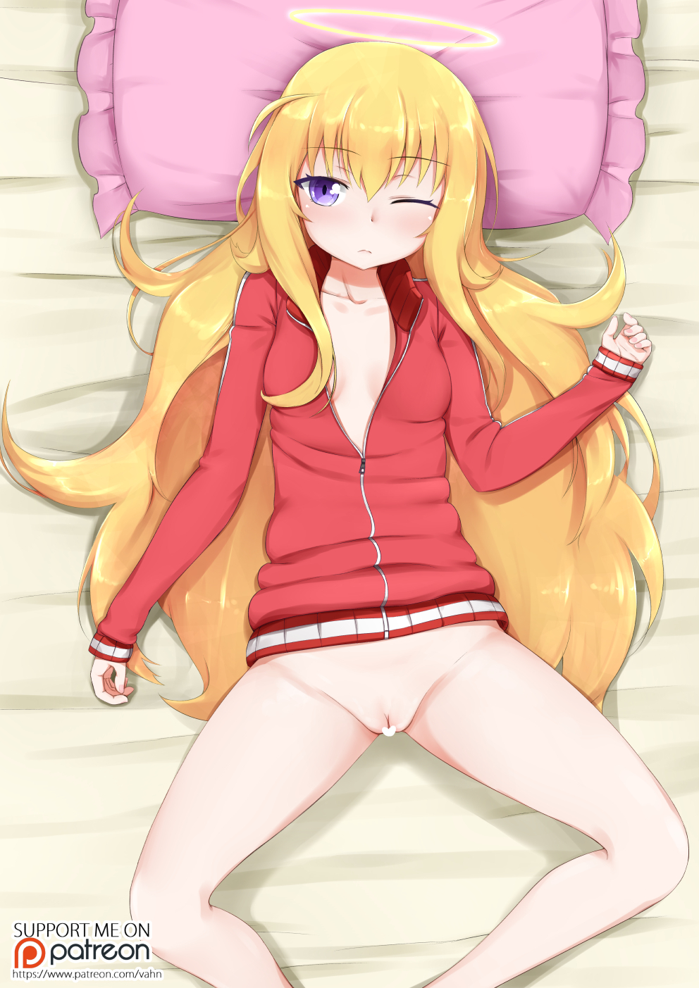 blonde hair, blue eyes, bottomless, breasts, censored, closed mouth, eyebrows, eyebrows visible through hair, female, gabriel dropout, gabriel tenma white, groin, hair between eyes, halo, heart, heart censor, long hair, looking at viewer, lying, no panties, nude, on back, one eye closed, patreon, pillow, pointless censoring, pussy, small breasts, solo, vahn yourdoom, watermark, web address