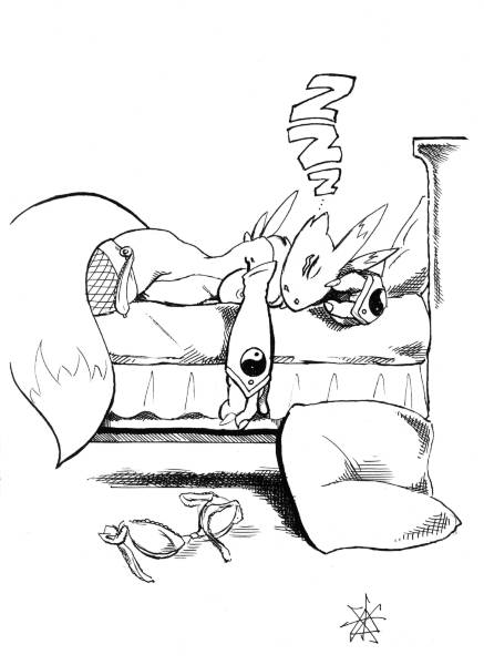 2004 anthro bandai_namco bed black_and_white breasts comic digimon female female_only fur furry indoors lying monochrome on_front renamon renamon_fantasy_self_indulgence sawblade_(artist) side_view sleeping solo