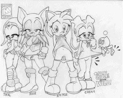 amy_rose anthro bat breast_outside chao_(sonic) clothes cream_the_rabbit dress_lift echidna female fur hedgehog interspecies mammal monochrome monotreme multiple_females panties_around_leg rabbit rouge_the_bat rouge_the_bat_(heroes) sega short_hair sonic_(series) sonic_heroes standing straight_hair tikal_the_echidna