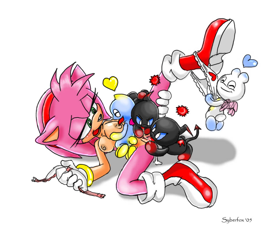 2005 amy_rose anthro chao_(sonic) color dark_chao dated female fur furry furry_only gloves green_eyes headband hedgehog hero_chao male nude on_back sega shoes short_hair simple_background sonic_(series) straight straight_hair syberfox white_background