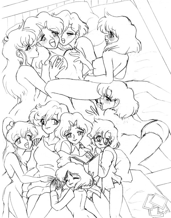 ami_mizuno bishoujo_senshi_sailor_moon clothing cunnilingus empty_(artist) female female_only glasses haruka_tenou hotaru_tomoe human makoto_kino michiru_kaiou multiple_girls oral_sex panties small_breasts straight_hair yuri