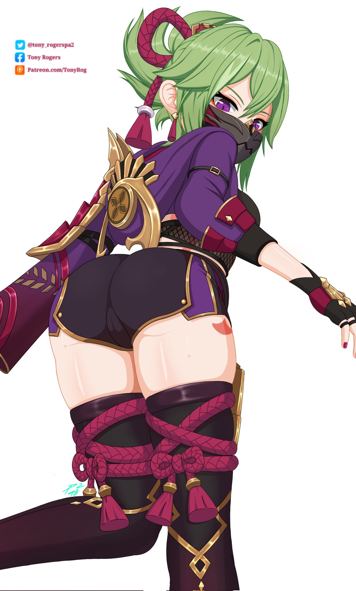 1girls alternate_version_available ass ass_focus big_ass bottomwear breasts dat_ass ear_piercing earrings face_mask female female_only genshin_impact green_hair hair hair_ornament huge_ass kuki_shinobu legwear purple_eyes shorts solo solo_female thick_thighs thighs tony_rogers topwear