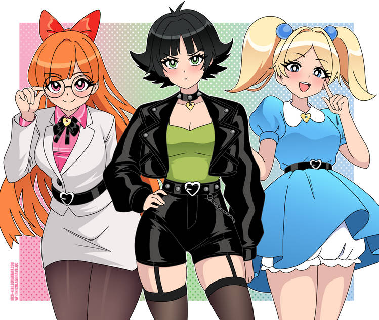 3girls aged_up baggy_topwear belt black_belt black_hair black_jacket blazer blonde_hair bloomers blossom_(powerpuff_girls) blue_dress blue_eyes bow breasts bubbles_(powerpuff_girls) buttercup_(powerpuff_girls) cartoon_network choker cleavage collar cute dress garter_straps ginger_hair glasses green_eyes green_shirt grown_up hair_bow hair_clips hair_ornament hairbow heart_symbol hourglass_figure jacket leather_clothing leather_jacket leather_shorts light-skinned_female long_hair multiple_girls neck_ribbon nicolasgravelqc not_porn office_lady office_skirt pantyhose pencil_skirt pink_eyes pink_shirt pouting powerpuff_girls red_bow safe safe_for_work sfw shirt short_hair short_shorts slim_waist smiling spiked_choker spiked_collar stockings superheroine thighhighs twintails white_dress white_jacket wide_hips