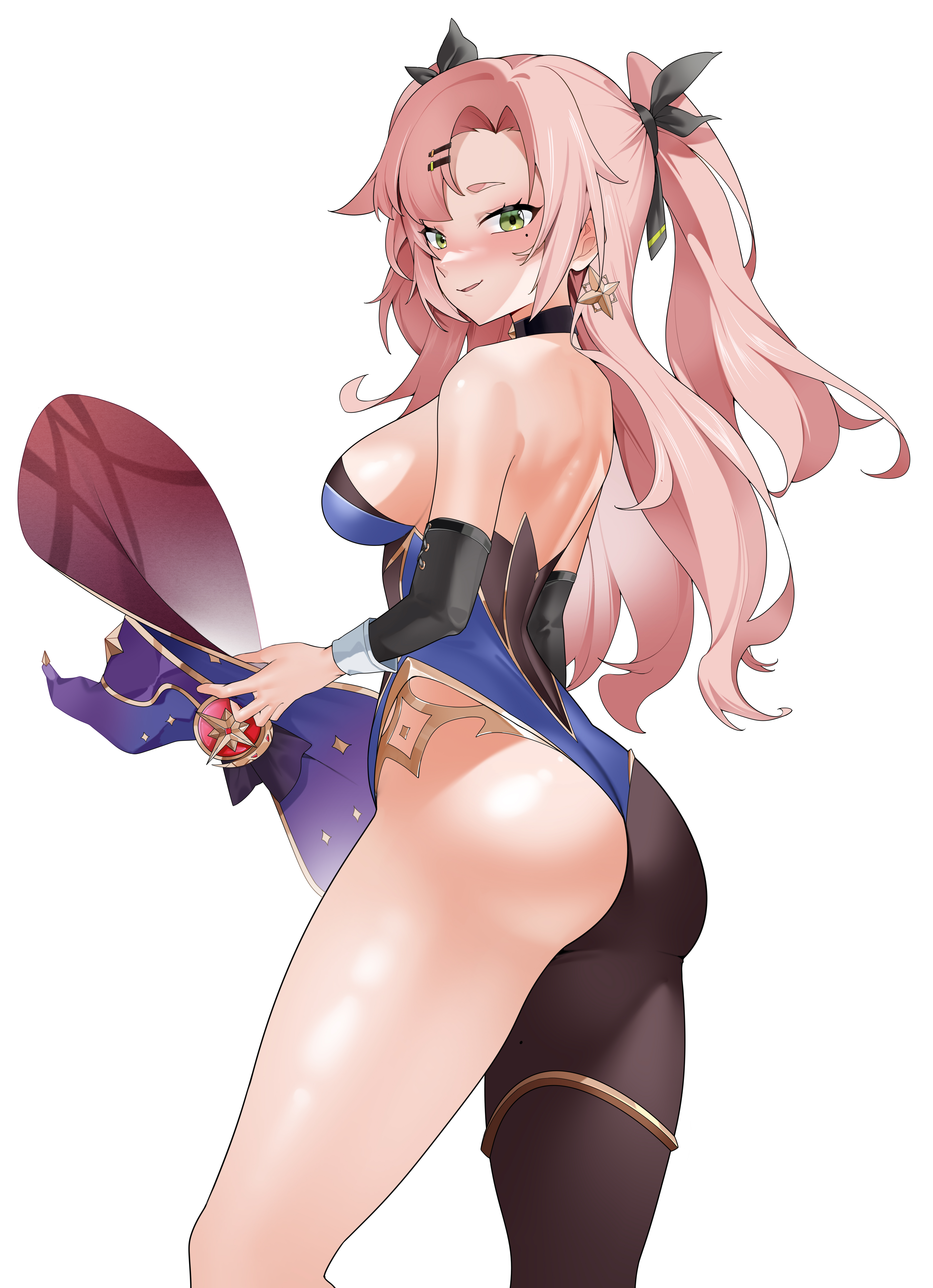1girls, absurd res, absurdres, alternate background, alternate version available, armwear, ass, back, back view, background, bare legs, big ass, black sleeves, blue leotard, blush, breasts, cosplay, ear piercing, earrings, female, female only, genshin impact, green eyes, hair, hair ornament, hat, high resolution, highleg leotard, highres, kemile, leggings, legs, legwear, leotard, looking back, mole, mole on thigh, mole under eye, mona (genshin impact) (cosplay), neckwear, nicole demara, pink hair, ribbon, sideboob, sleeves, smile, solo, solo female, thick thighs, thigh strap, thighs, twintails, white background, witch hat, zenless zone zero