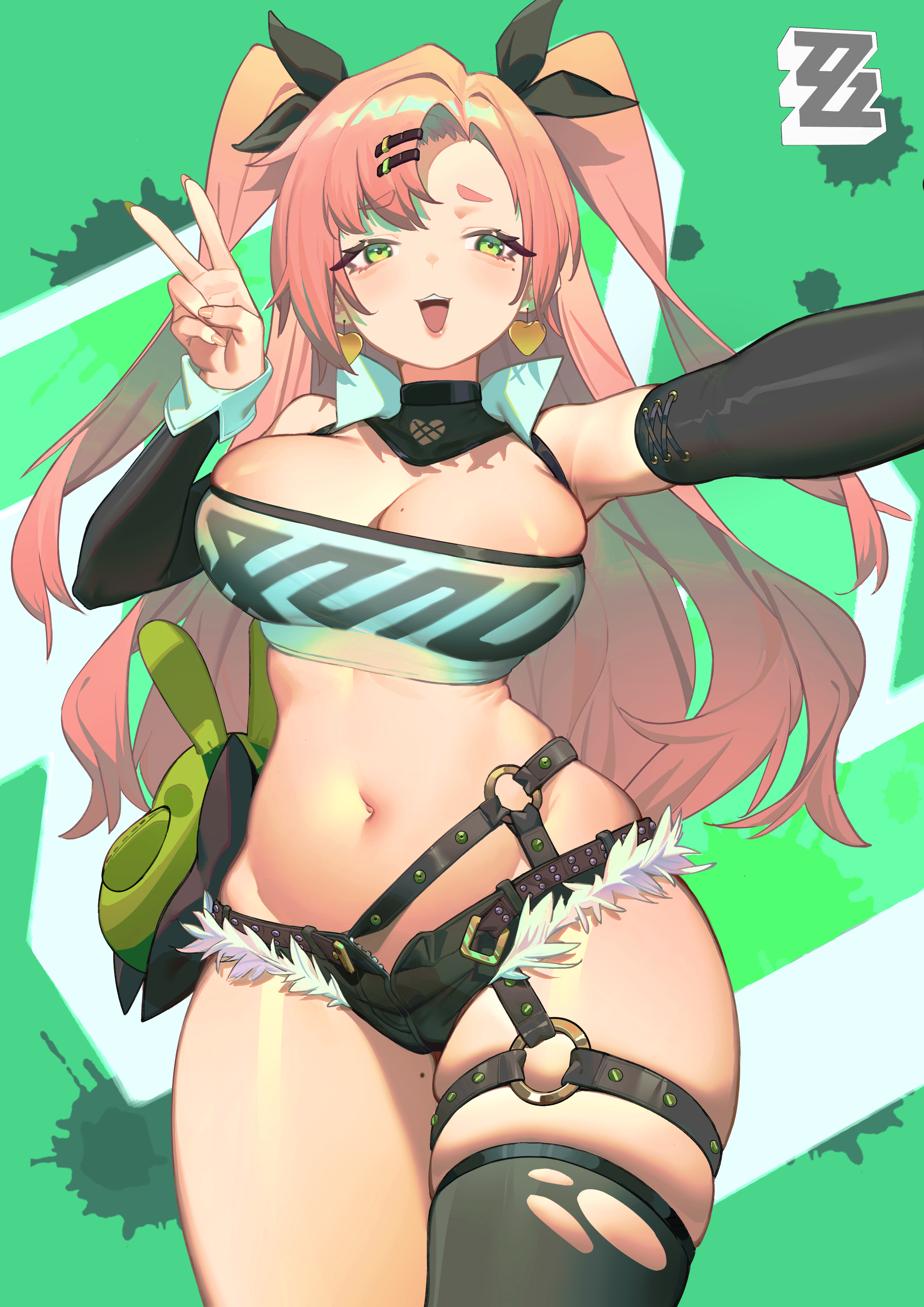 1girls, alternate version available, armwear, belly, belly button, belt, big breasts, black shorts, black thighhighs, bottomwear, breasts, cleavage, ear piercing, earrings, female, female only, fur-trimmed shorts, green eyes, hair, hair ornament, hairclip, high resolution, highres, hips, huge breasts, kunkun pa, legwear, mole, mole on breast, mole on thigh, mole under eye, nicole demara, peace sign, pink hair, plushie, posing, ribbon, short shorts, shorts, sleeves, solo, solo female, thick thighs, thigh strap, thighhighs, thighs, topwear, tubetop, twintails, v, wide hips, zenless zone zero