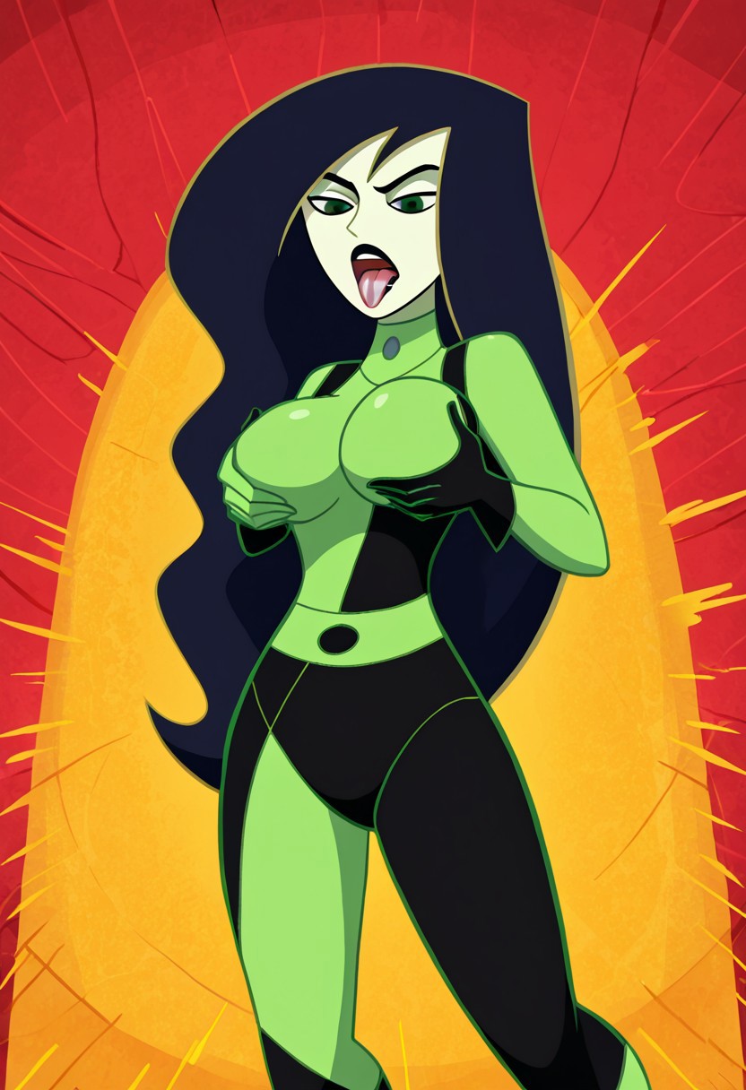 ai_generated arms_on_breasts black_hair breast_grab civitai gloves grabbing_own_breast green_eyes green_outfit kim_possible long_hair shego tongue tongue_out