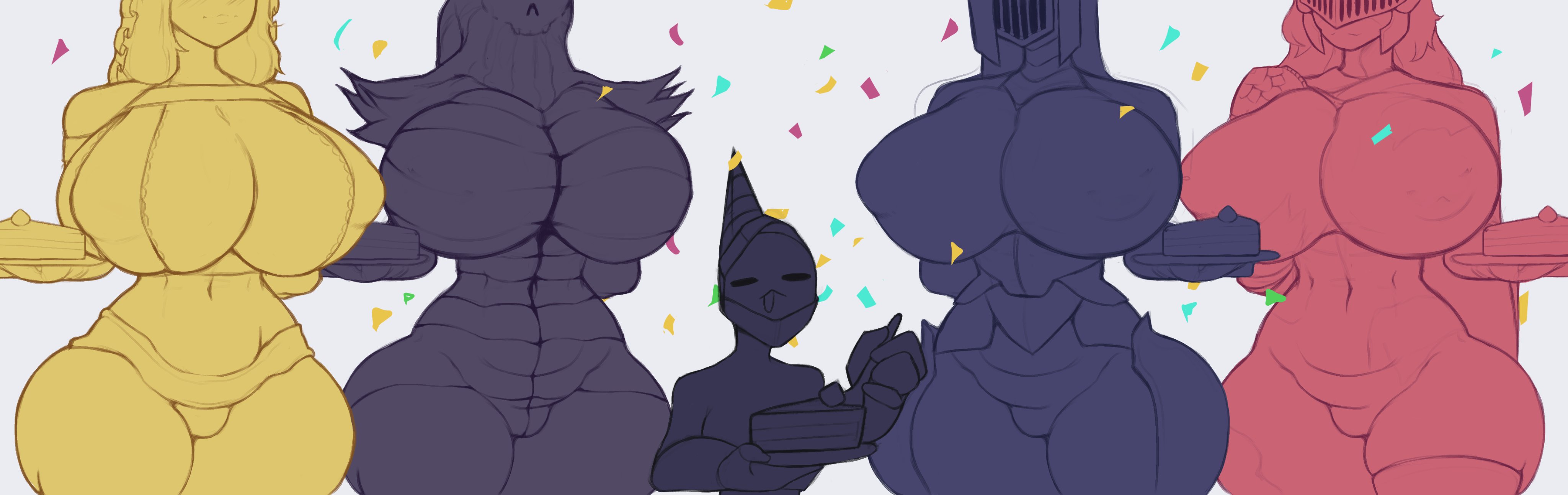 algo original, big ass, big breasts, birthday, breasts, cake, child bearing hips, clothed, colored, couch, dancer of the boreal valley, dark souls, dark souls 2, dark souls 3, elden ring, female, fromsoftware, goddess, happy, imminent sex, inhuman, long hair, malenia blade of miquella, nashandra, oc, queen of sunlight gwynevere, sketch, surrounded, taller female, wide hips