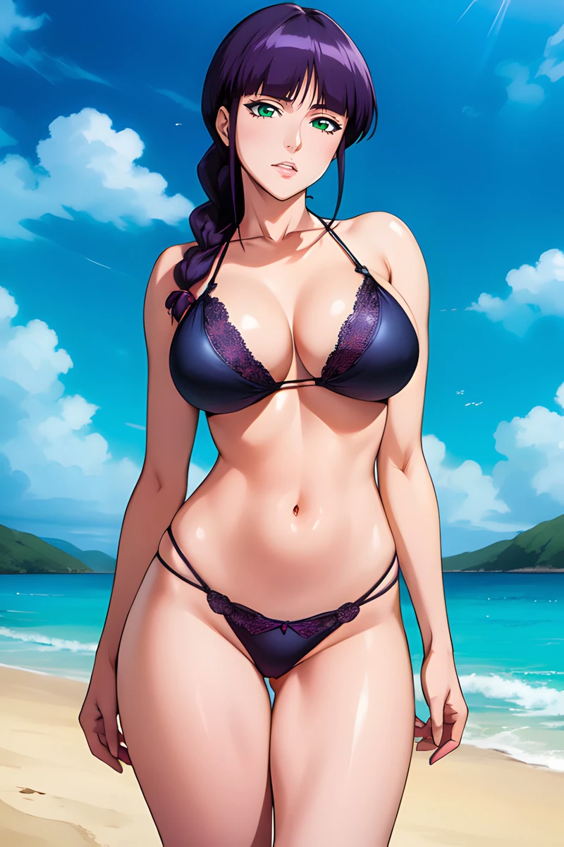 1girls ai_generated beach beach_background big_breasts bleach blue_sky cloud collarbone green_eyes khenai kurotsuchi_nemu large_breasts light-skinned_female light_skin mature_female midriff navel ponytail purple_bikini purple_hair