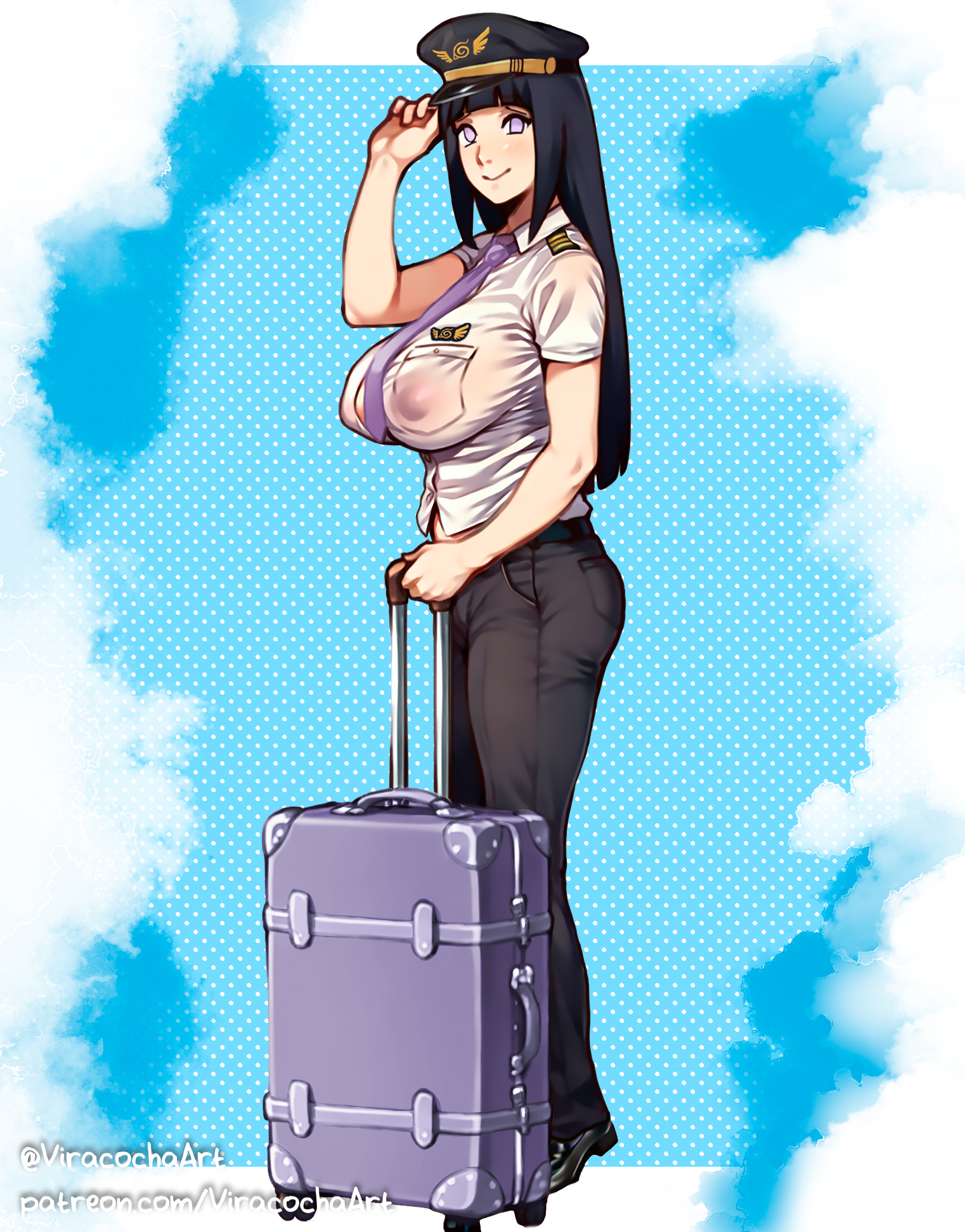 1girls, ai assisted, ai generated, big breasts, big nipples, black hair, breasts, cosplay, digital drawing (artwork), female, female only, flight attendant, hat, huge breasts, hyuuga hinata, large breasts, long hair, naruto (series), naruto shippuden, nipples, nipples visible through clothing, pilot suit, purple hair, smile, transparent, transparent clothing, viracochaart