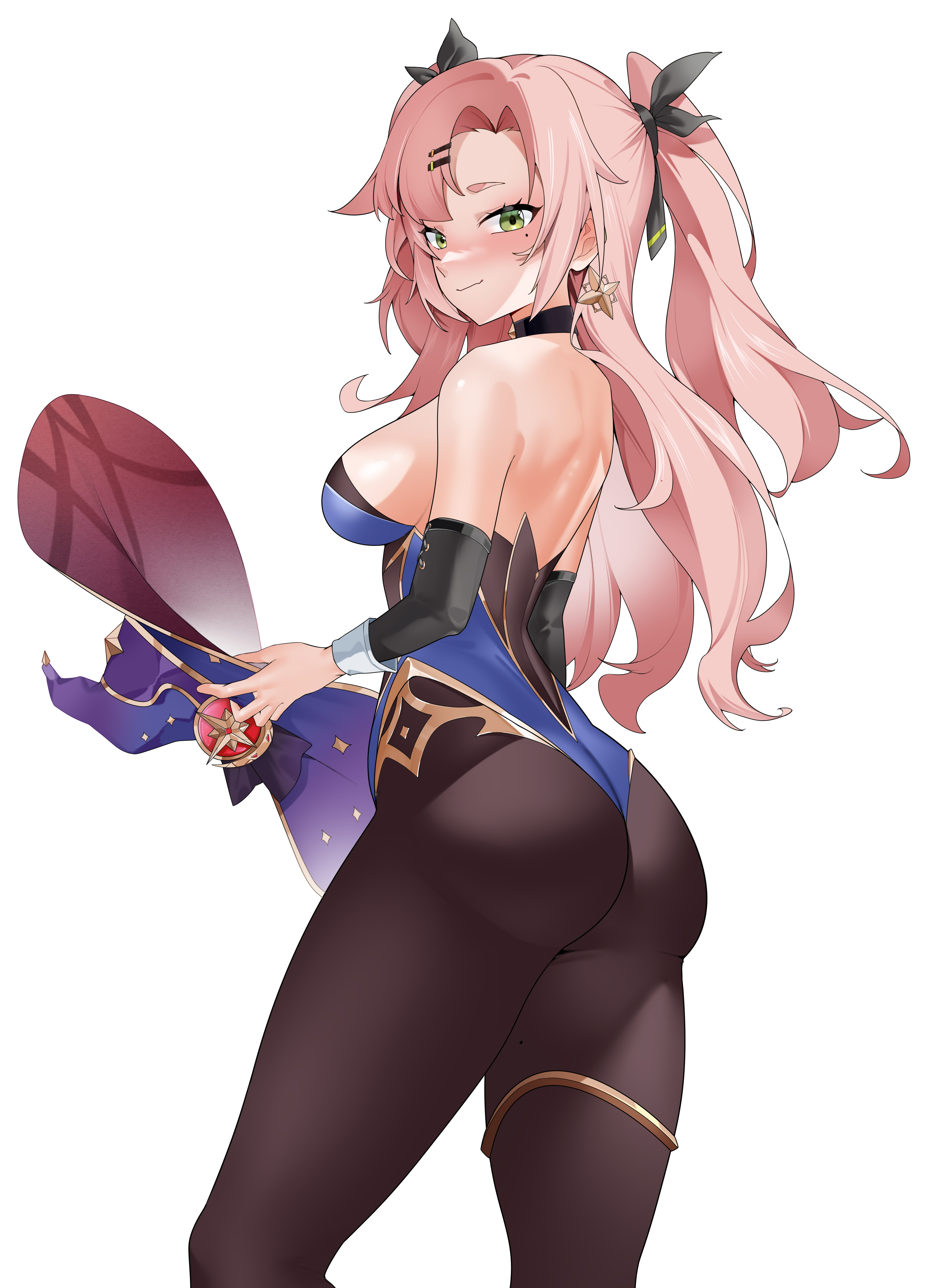 1girls, absurd res, absurdres, alternate background, alternate version available, armwear, ass, back, back view, background, big ass, black sleeves, blue leotard, blush, breasts, cosplay, ear piercing, earrings, female, female only, genshin impact, green eyes, hair, hair ornament, high resolution, highleg leotard, highres, kemile, leggings, legwear, leotard, looking back, mole, mole on thigh, mole under eye, mona (genshin impact) (cosplay), neckwear, nicole demara, pink hair, ribbon, sideboob, sleeves, solo, solo female, thick thighs, thigh strap, thighs, twintails, white background, witch, witch hat, zenless zone zero