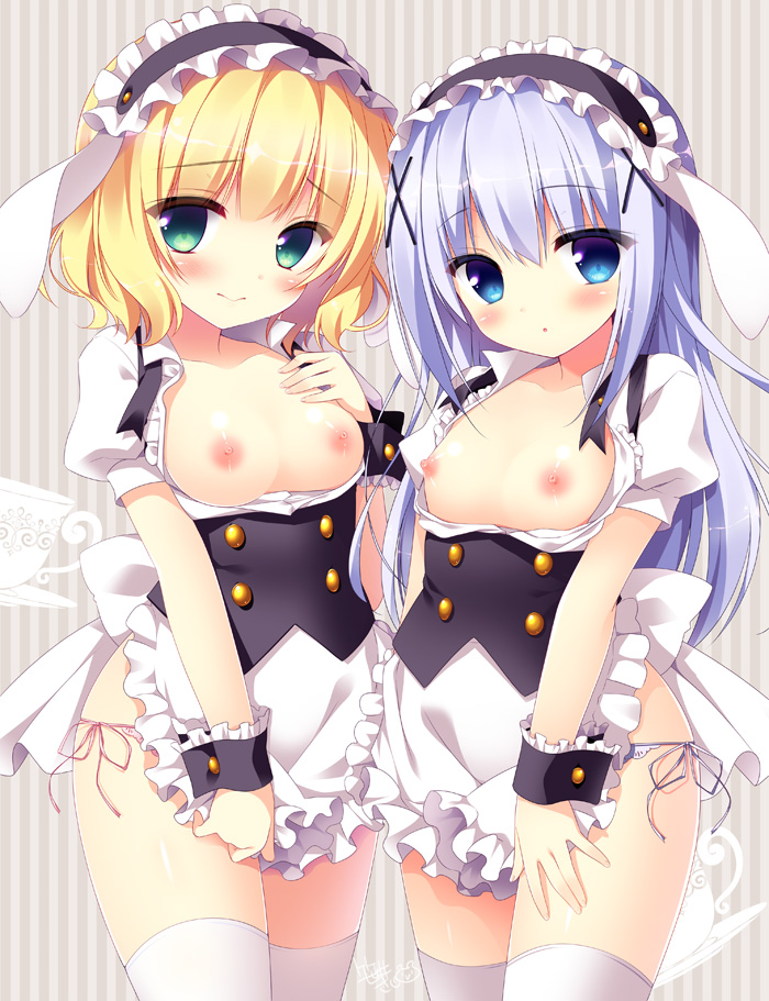 2girls 3: alternate_costume animal_ears apron blonde_hair blue_eyes blue_panties blush breasts breasts_out bunny_ears covering covering_crotch fleur_de_lapin_uniform gochuumon_wa_usagi_desu_ka? green_eyes hair_ornament hairband hairclip hand_on_own_chest kafuu_chino kirima_sharo long_hair looking_at_viewer matching_outfit multiple_girls nipples no_bra open_clothes open_shirt panties pink_panties saji-wata sasai_saji shirt short_hair short_sleeves side-tie_panties silver_hair small_breasts thighhighs underwear waitress white_legwear wrist_cuffs x_hair_ornament