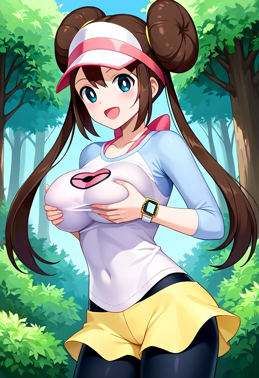 ai_generated arms_on_breasts big_breasts blue_eyes breast_grab brown_hair civitai grabbing_own_breast headwear large_breasts leggings long_hair pokemon rosa_(pokemon) shirt skirt yellow_skirt