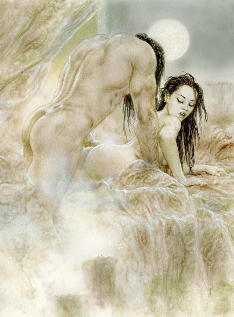 1boy ambiguous_penetration ass bed black_hair closed_eyes female from_behind light-skinned_female light-skinned_male luis_royo moon muscular_male pale_skin silk smoke