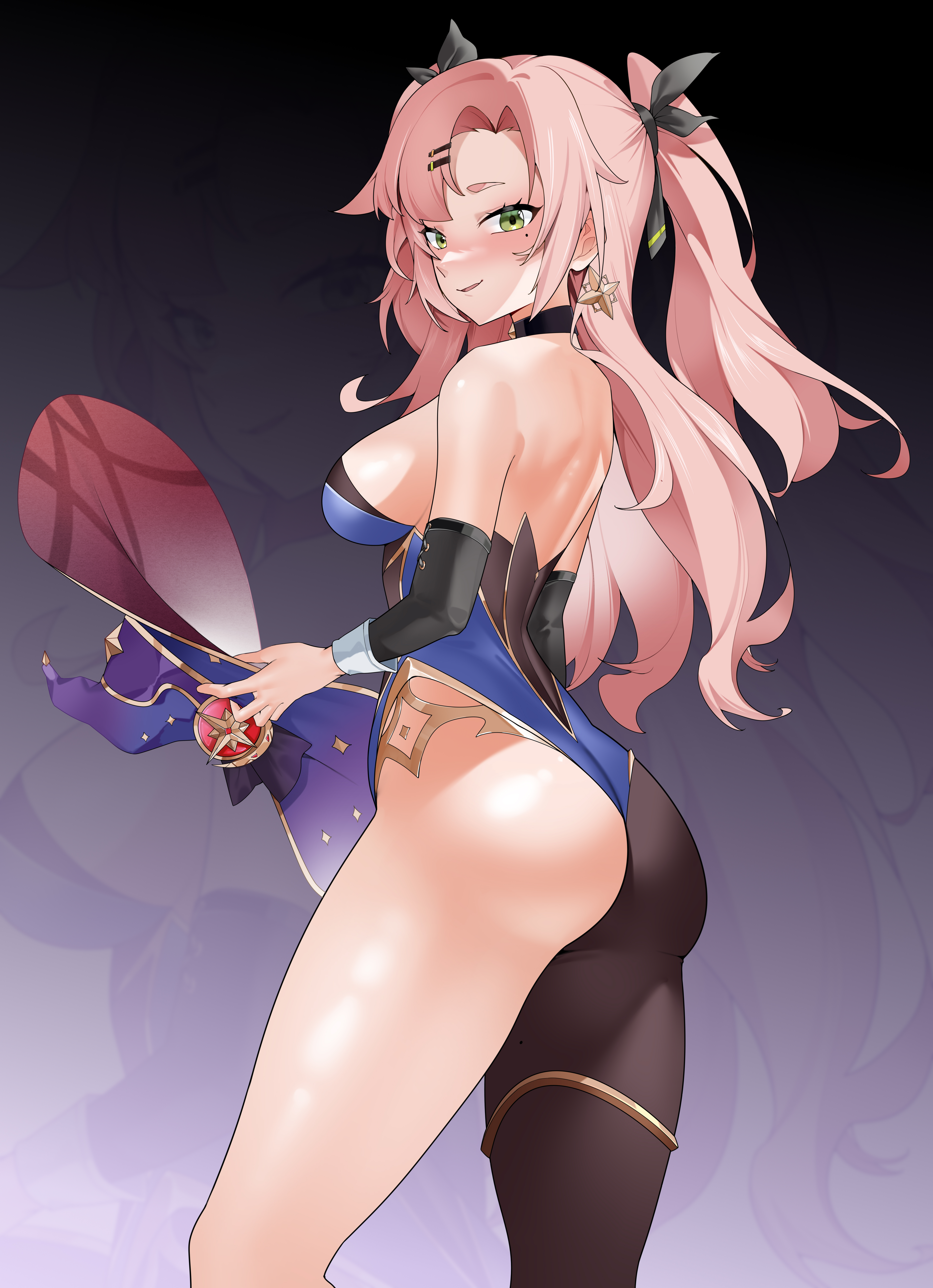 1girls, absurd res, absurdres, alternate version available, armwear, ass, back, back view, bare legs, big ass, black sleeves, blue leotard, blush, breasts, cosplay, ear piercing, earrings, female, female only, genshin impact, green eyes, hair, hair ornament, hat, high resolution, highleg leotard, highres, kemile, leggings, legs, legwear, leotard, looking back, mole, mole on thigh, mole under eye, mona (genshin impact) (cosplay), neckwear, nicole demara, pink hair, ribbon, sideboob, sleeves, smile, solo, solo female, thick thighs, thigh strap, thighs, twintails, witch hat, zenless zone zero, zoom layer