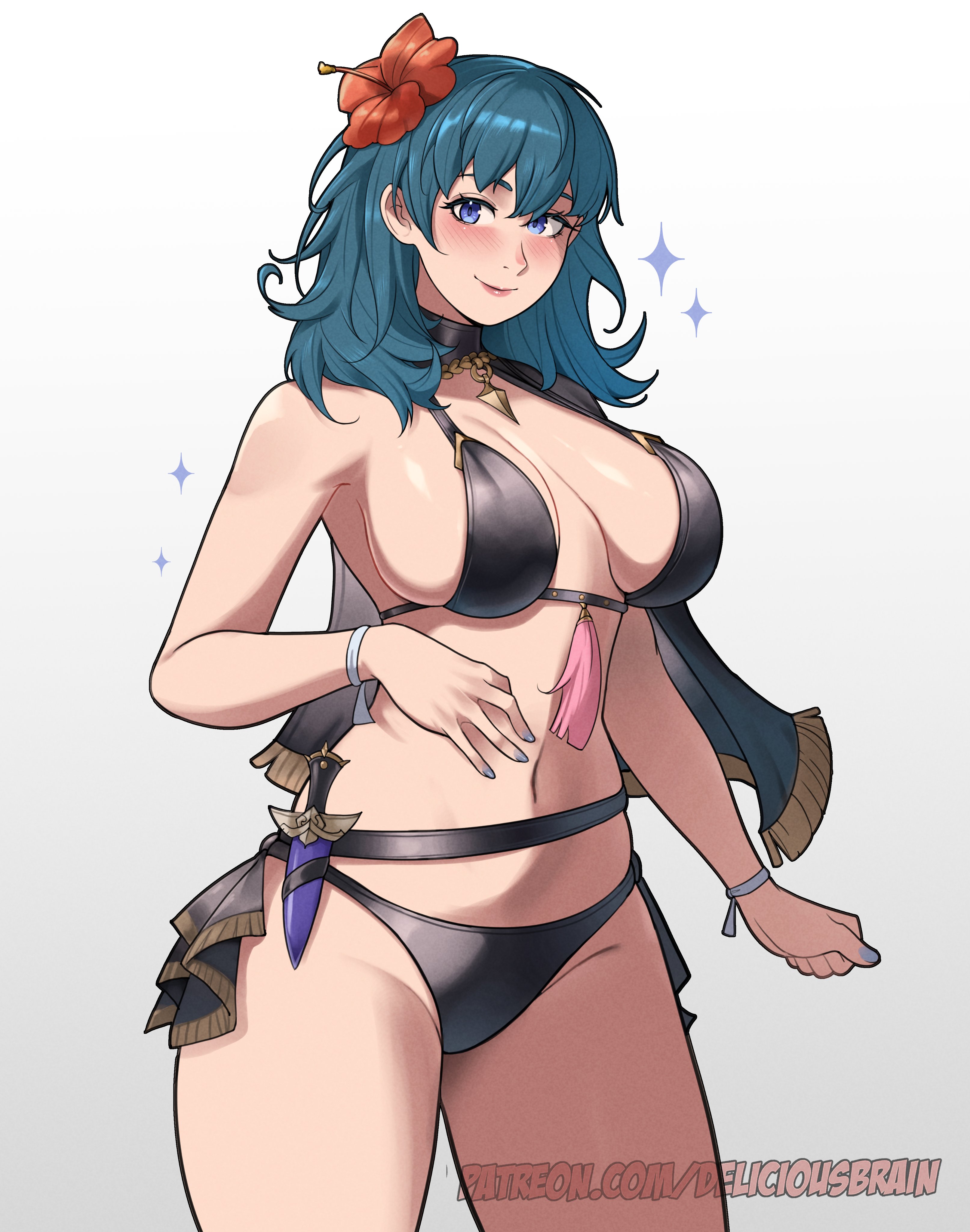 1girls, bikini, blue eyes, breasts, byleth (fire emblem), byleth (fire emblem) (female), byleth (summer) (fire emblem) (female), cleavage, deliciousbra, deliciousbrain, female, fire emblem, fire emblem: three houses, looking at viewer, nintendo, official alternate costume, smile, solo, swimsuit, teal hair, thicc, thick, thick thighs, thighs