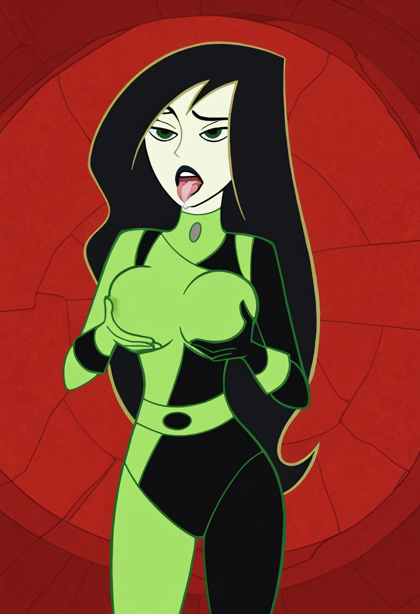 ai_generated arms_on_breasts black_hair breast_grab civitai gloves grabbing_own_breast green_eyes green_outfit kim_possible long_hair shego tongue tongue_out