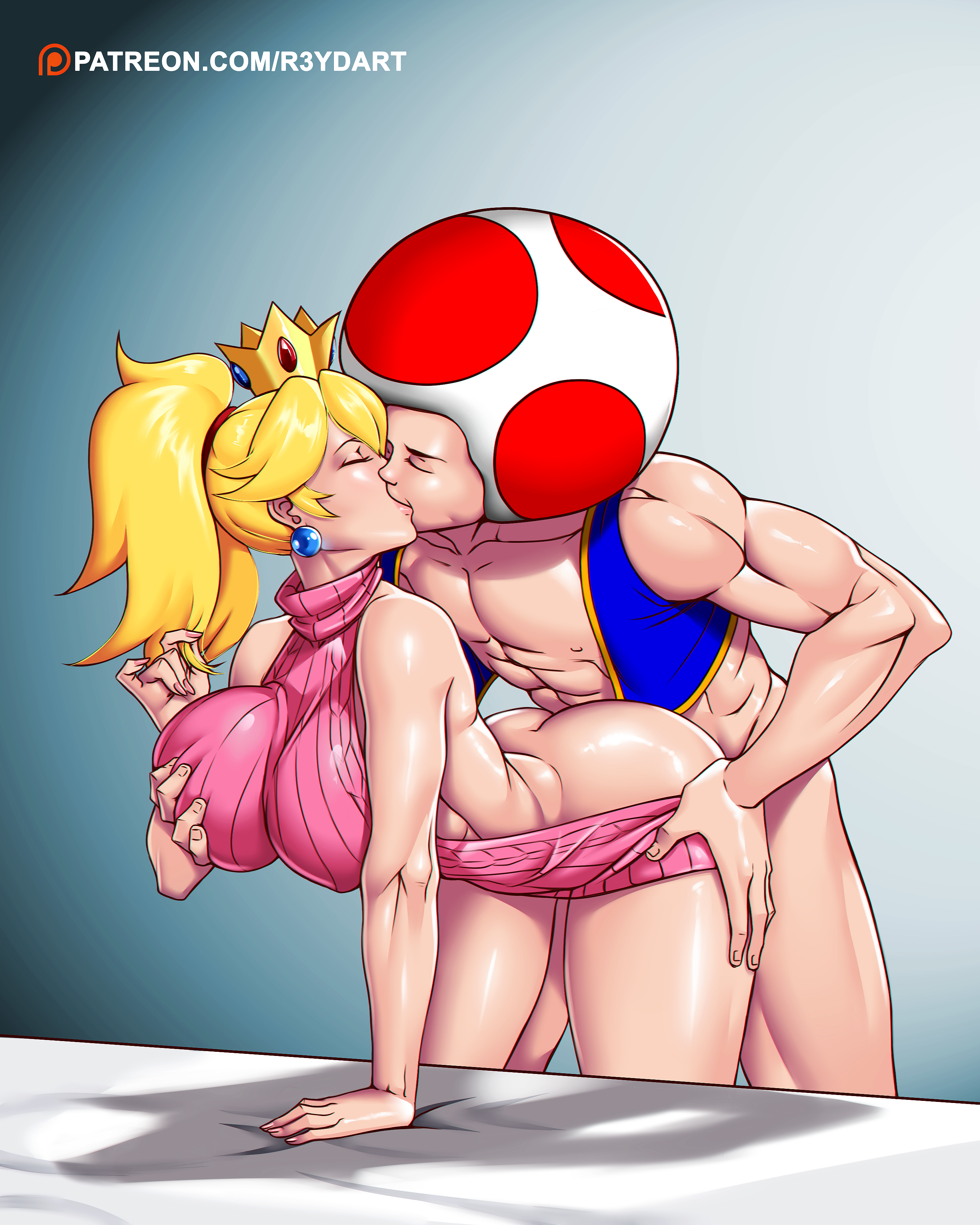 1boy, 1girls, ambiguous penetration, ass, breast grab, breasts, clothing, crown, doggy style, female, french kiss, kissing, male, mario (series), meme, muscles, muscular, muscular male, nintendo, pink sweater, ponytail, princess peach, r3ydart, sex, simple background, standing, sweater, tied hair, toad (mario), virgin killer sweater