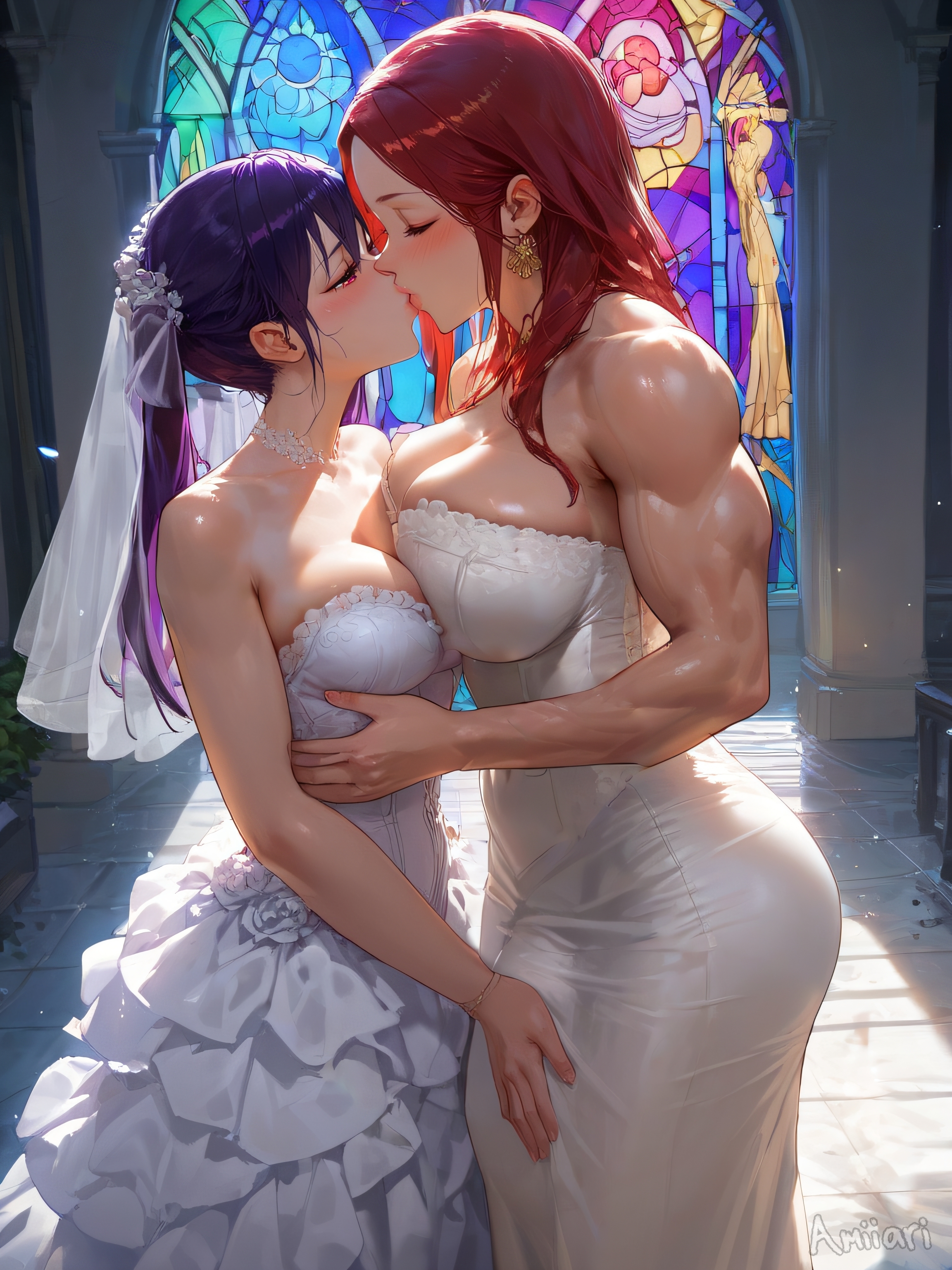 1futa, 1futa1girl, 1girl1futa, abs, absurd res, ai generated, amiiari, big breasts, big penis, breasts, bulge, bulge through clothing, detailed, dickgirl, erection, erection under clothes, female, futanari, groping, groping penis, hand on penis, highres, holding bulge, huge breasts, hugging, intersex, kissing, large penis, long penis, marriage, married, married couple, massive penis, muscular, penis, penis to the knees, penis under clothes, purple eyes, purple hair, red eyes, red hair, skindentation, thick thighs, toned, white dress