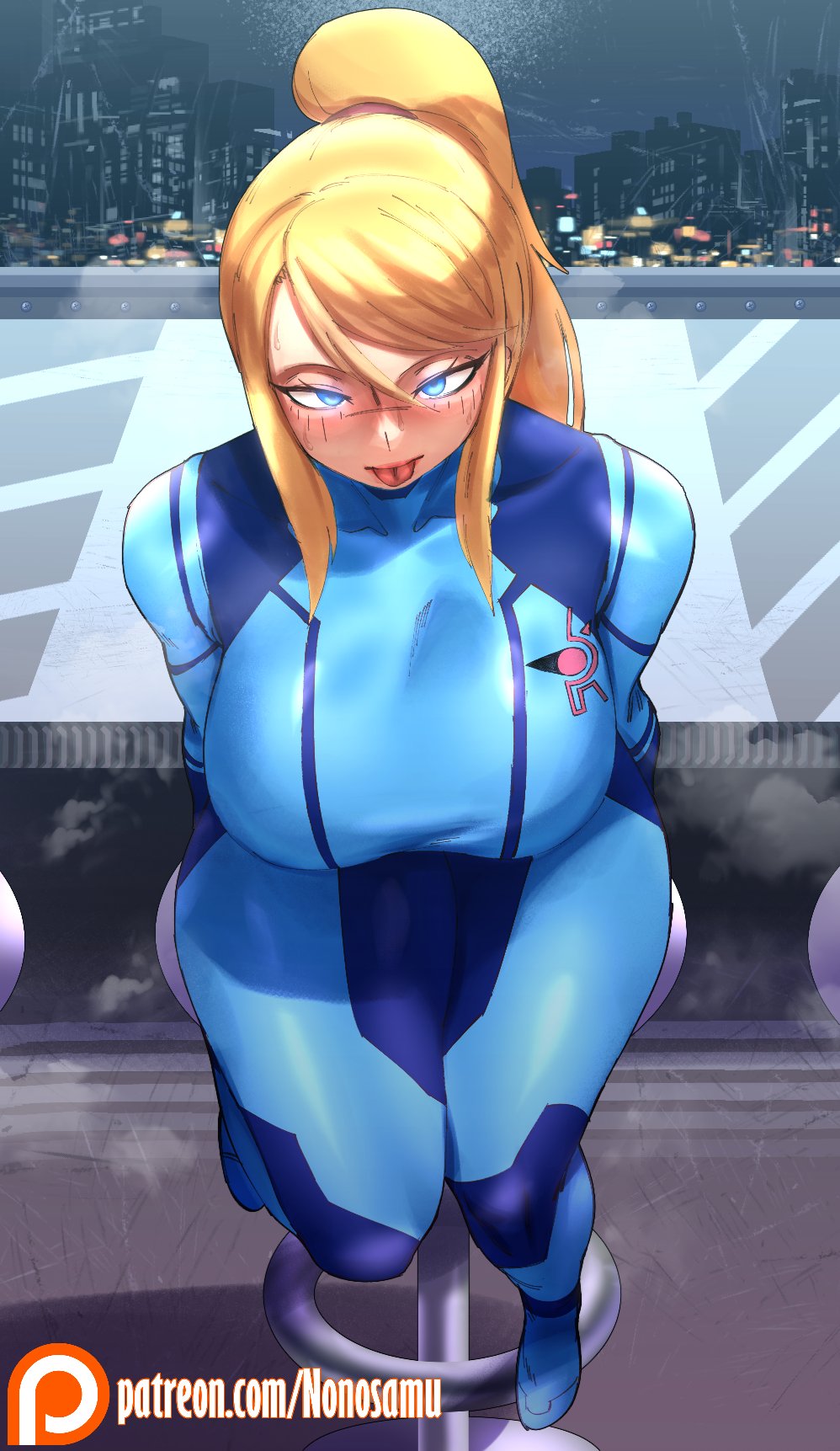 1girls, big breasts, blonde hair, blue bodysuit, blue eyes, bodysuit, breasts, busty, curvaceous, curvy, curvy body, curvy female, curvy figure, female, high-angle view, huge breasts, imminent sex, large breasts, looking at viewer, metroid, nonosamu, ponytail, pov, pov eye contact, samus aran, thick thighs, thighs, tongue, tongue out, voluptuous, zero suit, zero suit samus