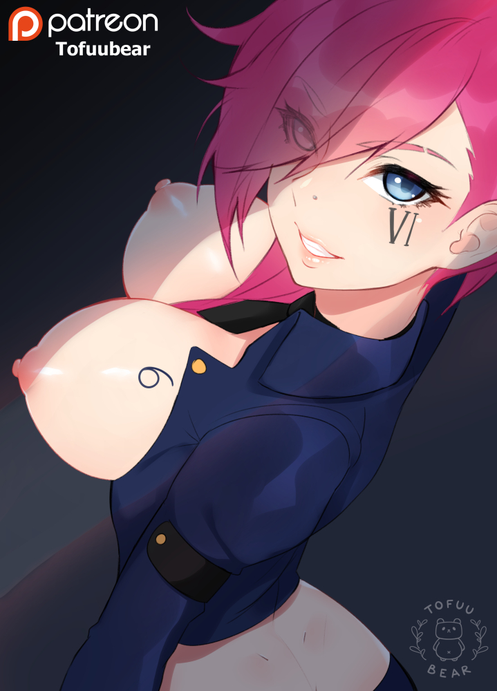 2d, areolae, artist name, big breasts, breasts, female, female only, large breasts, league of legends, light skin, light-skinned female, looking at viewer, nipples, no bra, officer vi, pale skin, pale-skinned female, pink nipples, simple background, solo, tofuubear, vi, watermark