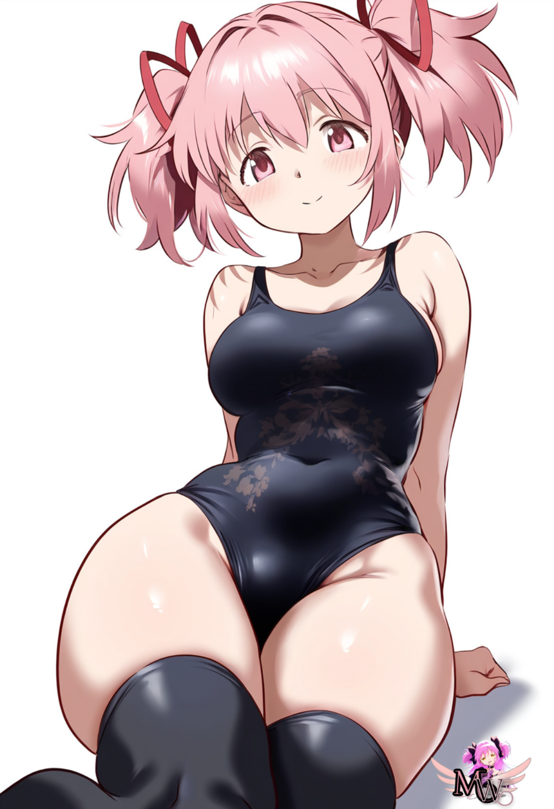 ai generated, artist logo, big breasts, breasts, female, hair ribbon, highres, leotard, madoka kaname, madoka worship, magical girl, mahou shoujo madoka magica, on floor, pink eyes, pink hair, puella magi madoka magica, red ribbon, ribbon, ribbons, simple background, sitting on floor, smile, thick thighs, thighhighs, twintails, wide hips