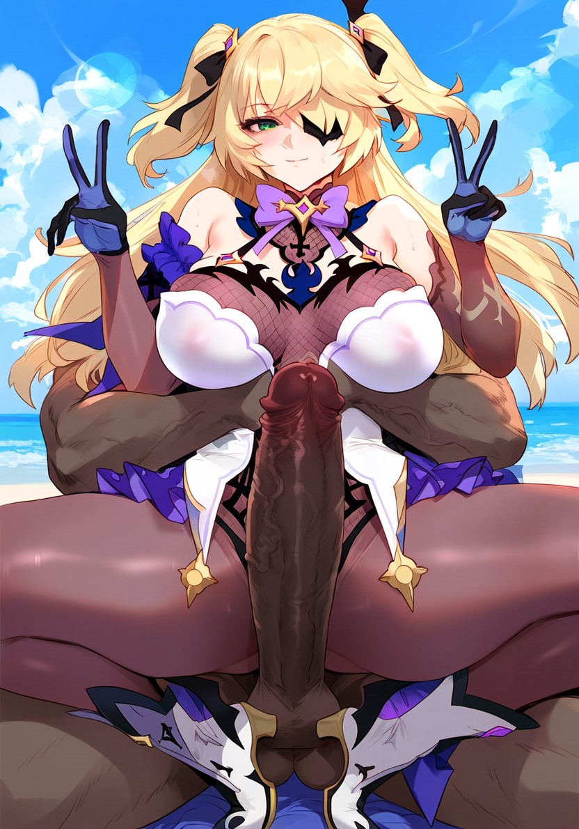 1boy, 1girls, ai generated, balls, dark skin, dark-skinned male, depressu, double v, female, fischl (genshin impact), genshin impact, happy, huge cock, imminent penetration, imminent sex, male, naughty face, penis, revealing clothes, testicles