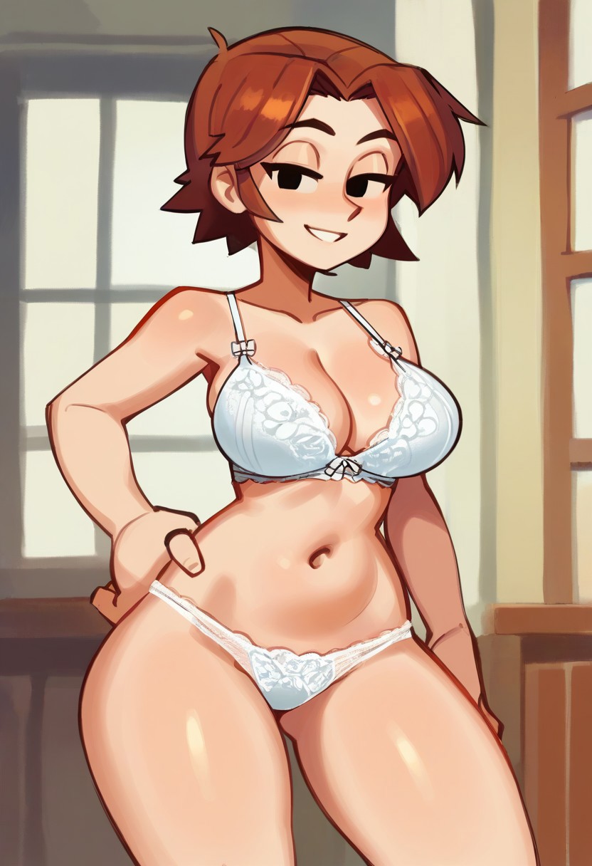 ai_generated big_breasts bra brown_hair dot_eyes gastkeser82 hand_on_hip huge_breasts large_breasts mii_gunner mii_gunner_(smash_4) panties parted_bangs smile super_smash_bros. thick thick_thighs voluptuous white_bra white_panties wide_hips