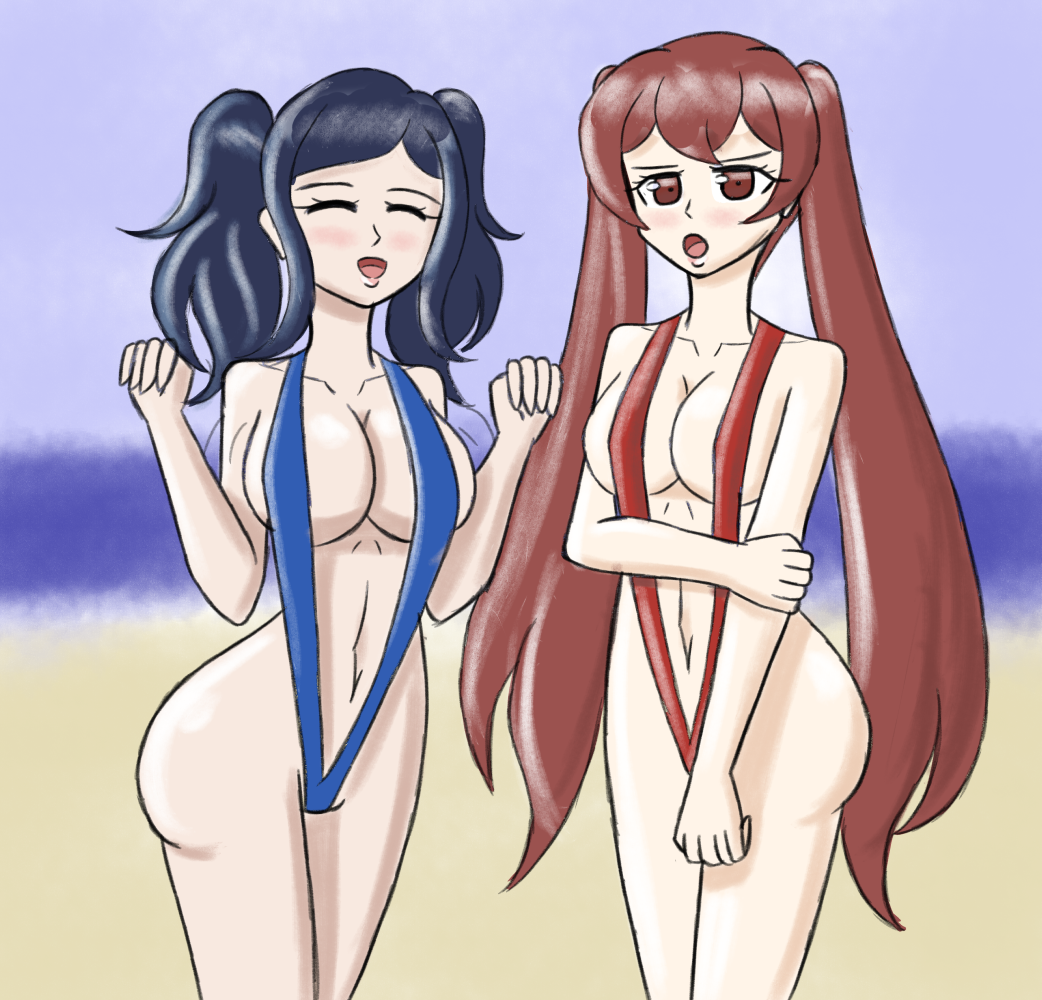 2girls angry arm_grab ass bare_arms bare_midriff bare_shoulders bare_thighs beach big_ass blue_hair blue_one-piece_swimsuit blue_swimsuit breasts cleavage closed_eyes collarbone cynthia_(fire_emblem) embarrassed female female_only fire_emblem fire_emblem_awakening hen_nerd large_breasts long_hair medium_breasts medium_hair midriff multiple_girls nintendo ocean one-piece_swimsuit open_mouth outdoors red_eyes red_hair red_one-piece_swimsuit red_swimsuit revealing_clothes severa_(fire_emblem) shoulders sideboob slingshot_swimsuit smile story_at_source swimsuit thighs twintails very_long_hair