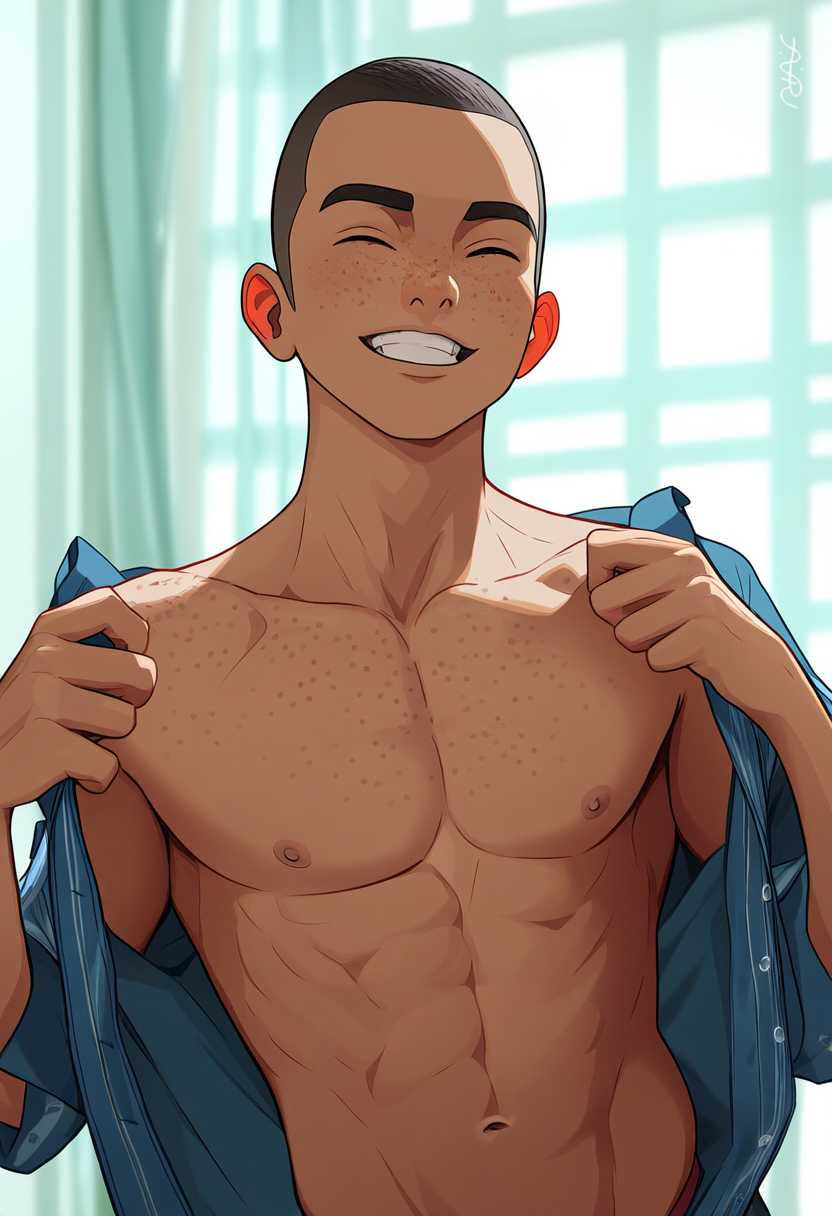 1boy 2024 abs ai_generated avaru brown_hair closed_eyes dark_hair freckles human human_only male male_focus male_only nipples open_shirt simple_background smile smiling tagme undressing
