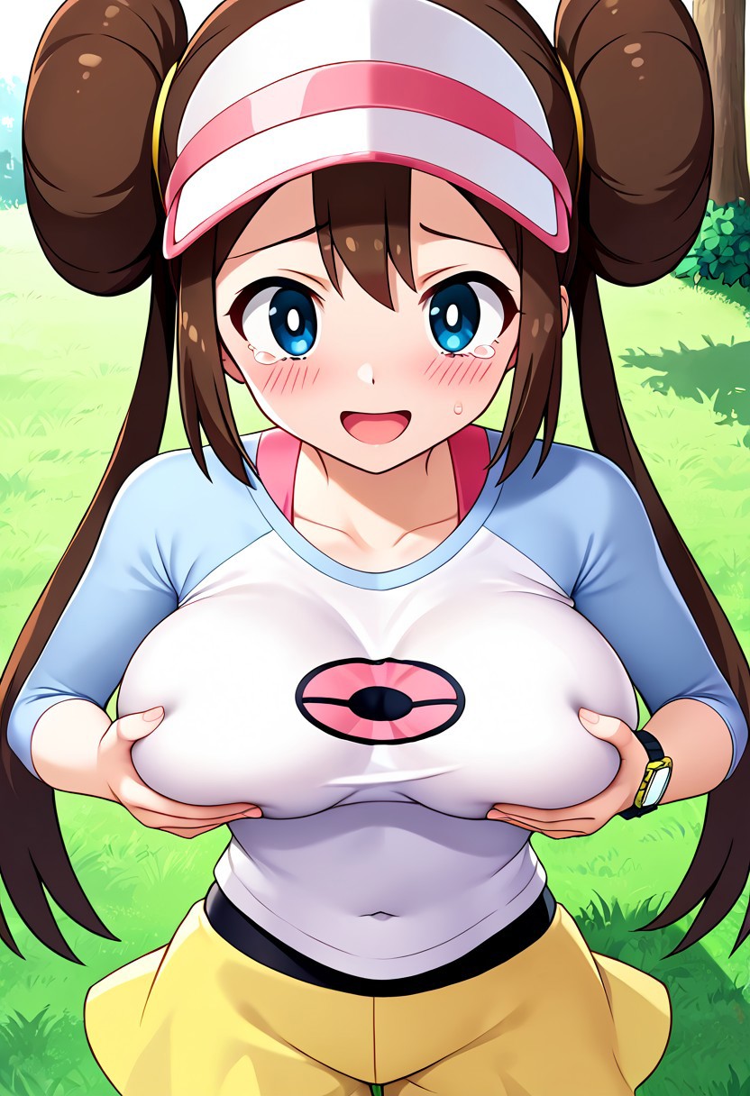 ai_generated arms_on_breasts big_breasts blue_eyes breast_grab brown_hair civitai grabbing_own_breast headwear large_breasts leggings long_hair pokemon rosa_(pokemon) shirt skirt yellow_skirt