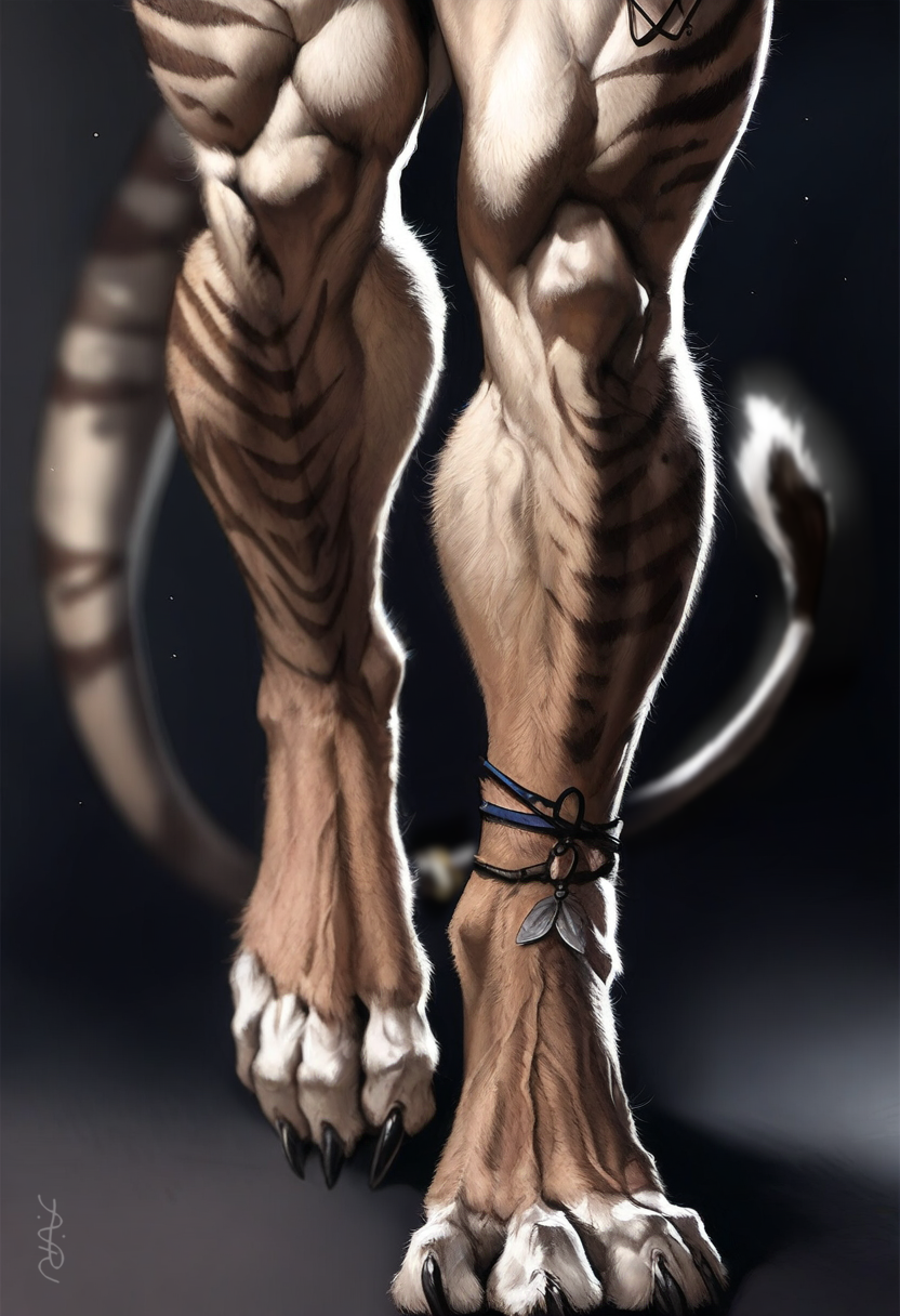 1boy 2024 ai_generated anatomically_correct anthro athletic athletic_anthro athletic_male avaru avaru_(character) brown_body brown_fur claws close-up feet felid feline fur furry furry_only humanoid legs male male_focus mammal muscular muscular_legs muscular_male muscular_thighs paws solo striped_body striped_fur stripes tagme tail tail_tuft vein