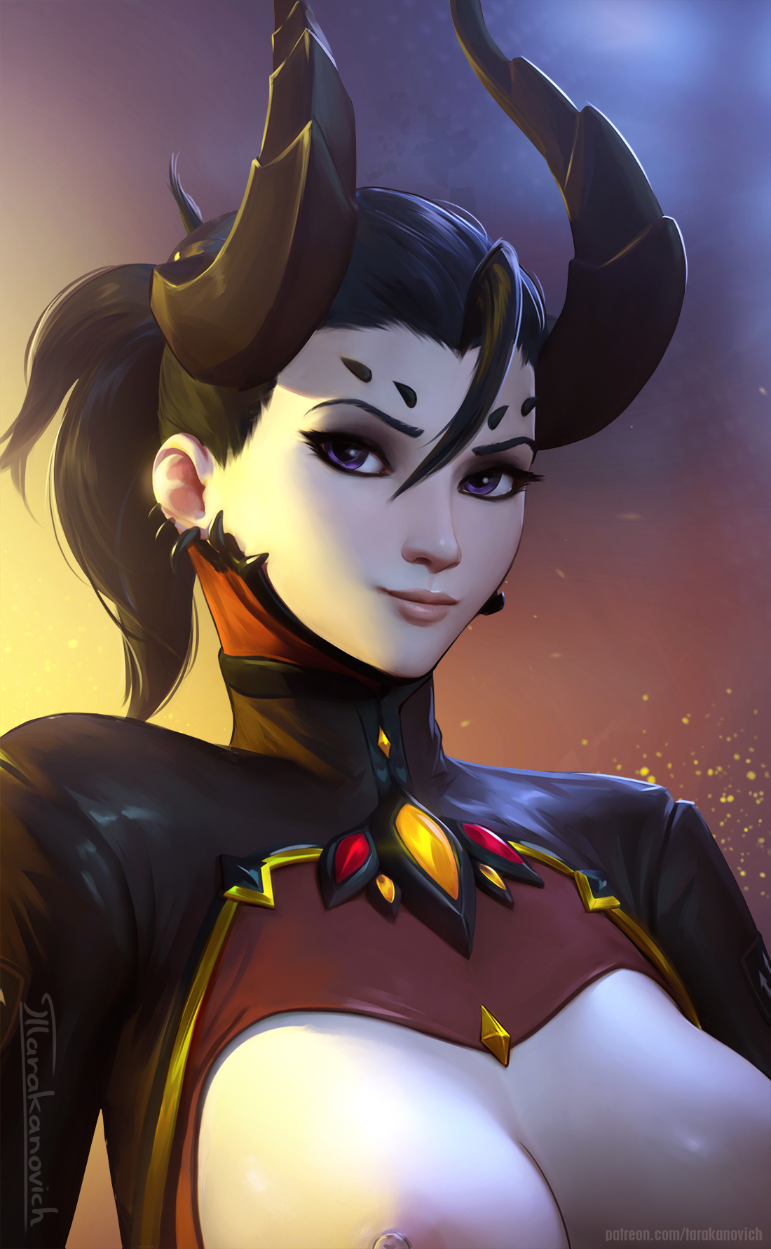 1girls, alternate costume, blizzard entertainment, breasts, devil mercy, earrings, female, female only, horns, large breasts, mercy, nipple slip, overwatch, patreon username, ponytail, solo, tarakanovich, tied hair