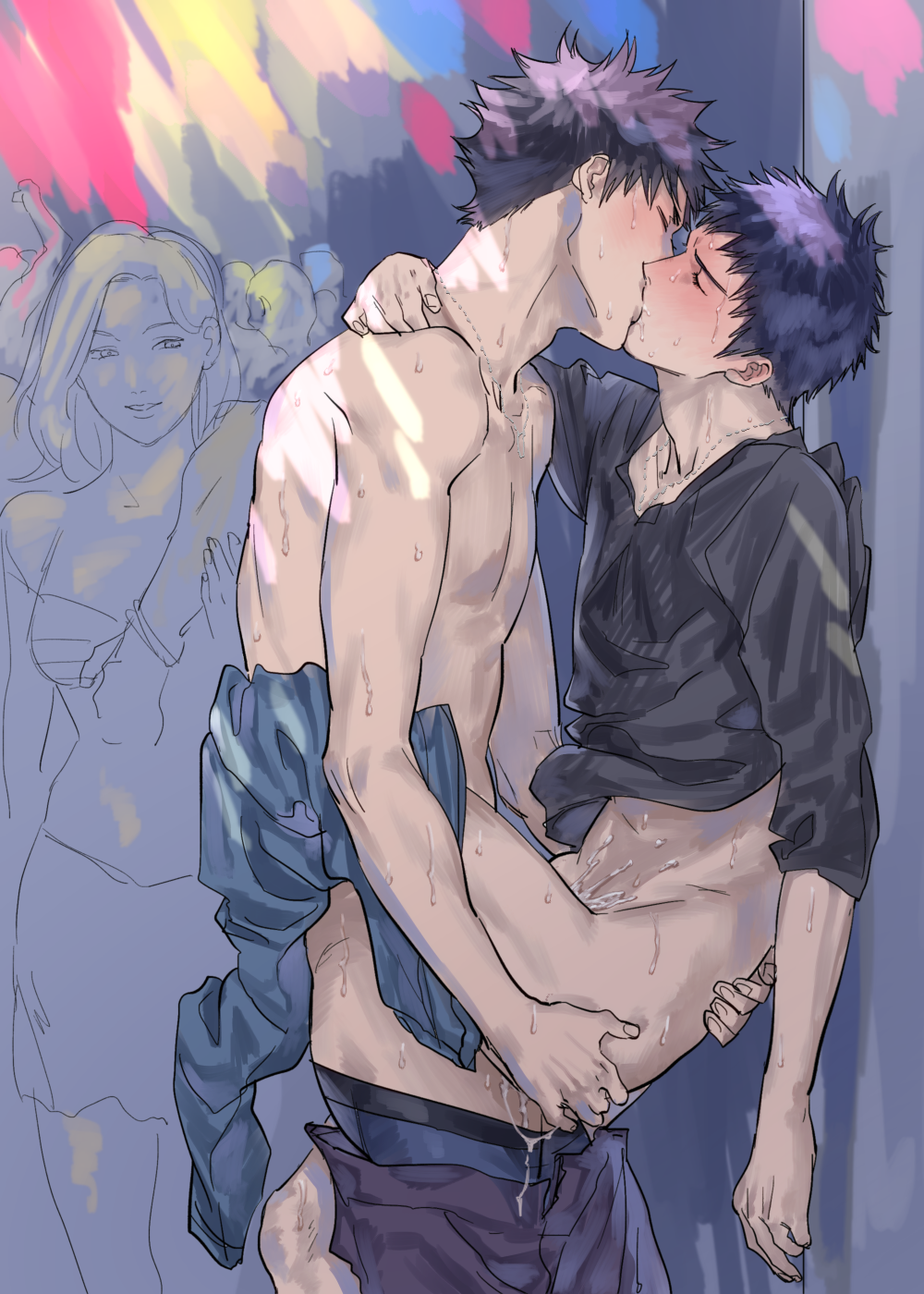 2boys anal arm_around_neck black_shirt blue_hair blush boxers closed_eyes club cum cum_on_body days_(manga) denim female french_kiss full-face_blush highres indou_kaoru jeans jewelry kimidake kissing long_hair long_sleeves male mizuki_hisahito multiple_boys necklace pants pants_around_one_leg pants_down parted_lips shirt short_hair spiked_hair sweat toned toned_male underwear wall weapon yaoi