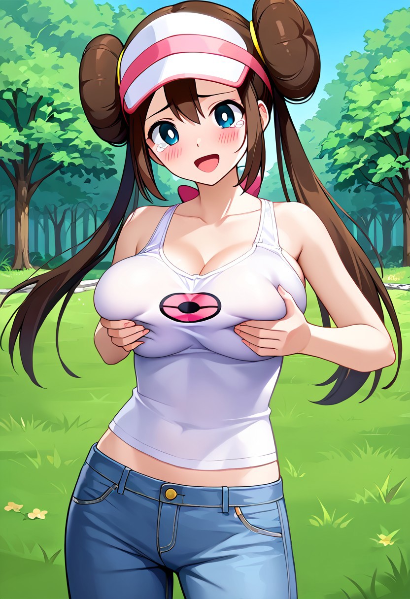 ai_generated arms_on_breasts big_breasts blue_eyes breast_grab brown_hair civitai grabbing_own_breast headwear jean large_breasts long_hair pokemon rosa_(pokemon) tank_top tanktop