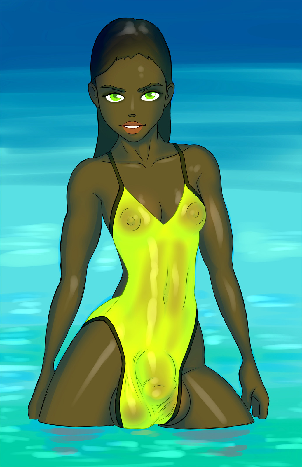 1futa, black hair, bulge, cleavage, dark skin, dark-skinned futa, drmorpheus, futa only, futanari, green eyes, intersex, long hair, outdoors, partially submerged, solo, standing