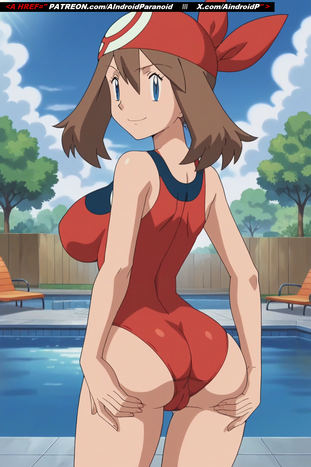 ai_generated aindroidparanoid ass ass_focus bandana big_ass big_breasts big_butt blue_eyes breasts brown_hair cameltoe fat_ass game_freak grabbing_ass grabbing_own_breast haruka_(pokemon) hourglass_figure huge_ass huge_breasts large_ass large_breasts large_butt may_(pokemon) narrow_waist nintendo one_piece_swimsuit outside pokegirl pokemon pokemon_ruby_sapphire_&_emerald pool short_hair stable_diffusion swimsuit wide_hips