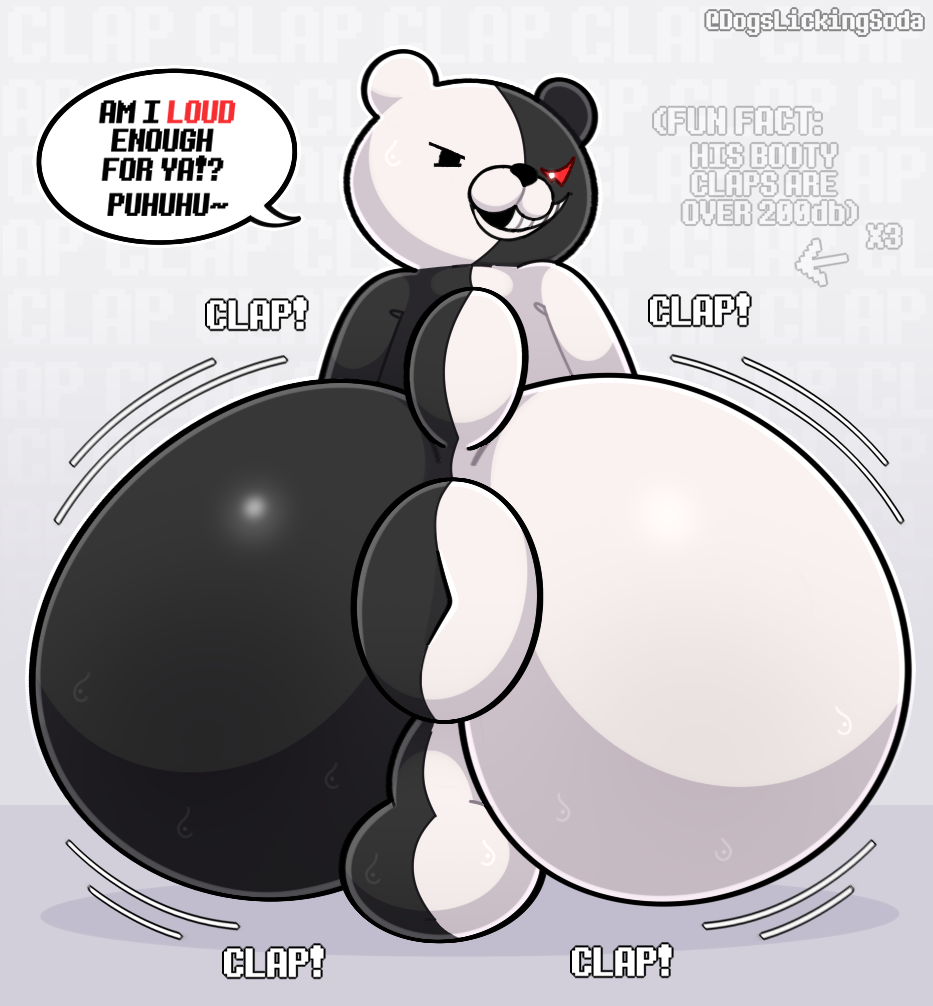 anthro anus ass ass_clapping balls bear big_balls big_butt black_body bodily_fluids booru_link danganronpa digital_media_(artwork) dogslickingsoda e621_link genetic_chimerism genital_fluids genitals glistening glistening_body huge_butt humanoid_genitalia hyper hyper_butt laughing_at looking_at_viewer looking_back loud_noise male male_only mammal monokuma multicolored_body nude plushie puffy_anus simple_background smile solo spike_chunsoft split_color sweat sweaty_balls sweaty_butt sweaty_genitalia tail teddy_bear teeth text thick_thighs twerking twitter_link watermark white_body wide_hips