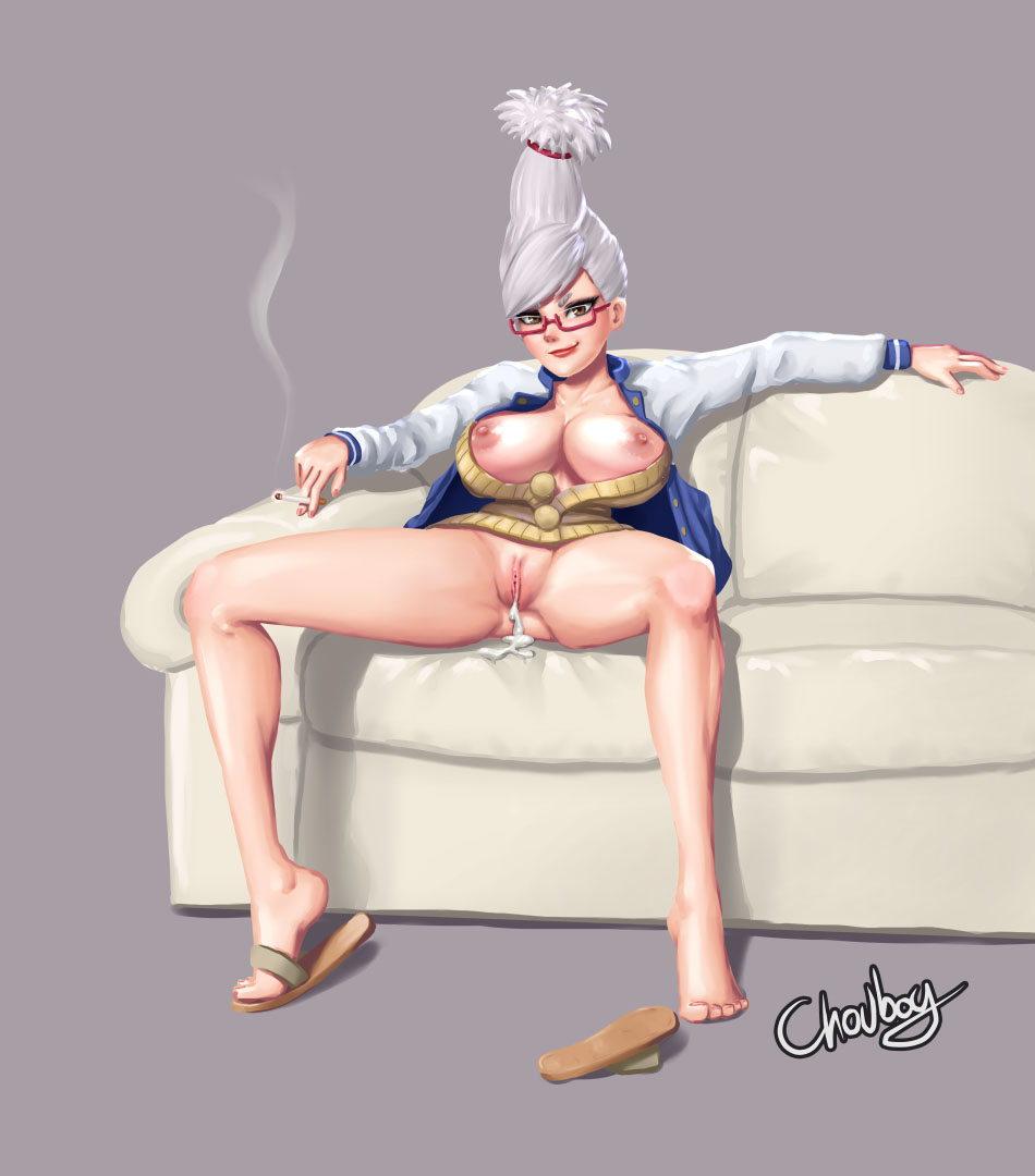 after creampie, after sex, after vaginal, artist name, ayase seiko, barefoot, big breasts, big penis, blush, bottomless, breasts, chouboy, cigarette, cum, cum in pussy, cum inside, cum leaking, dandadan, female, filled to the brim, fit female, gilf, glasses, looking at viewer, male, mostly clothed, open jacket, open sweater, penis, post-orgasm, pussy, sandals, satisfied, sitting, sitting on couch, smiling at viewer, solo, solo female, solo focus, thick
