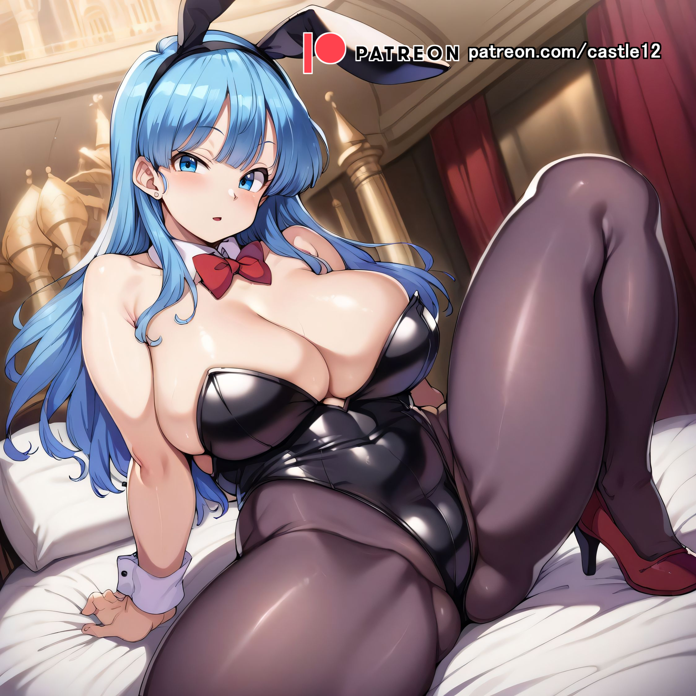 1girls, ai generated, alternate breast size, breasts, bulma briefs, bunny ears, bunnysuit, castle12, curvy, dragon ball, female, high heels, large breasts, thick thighs