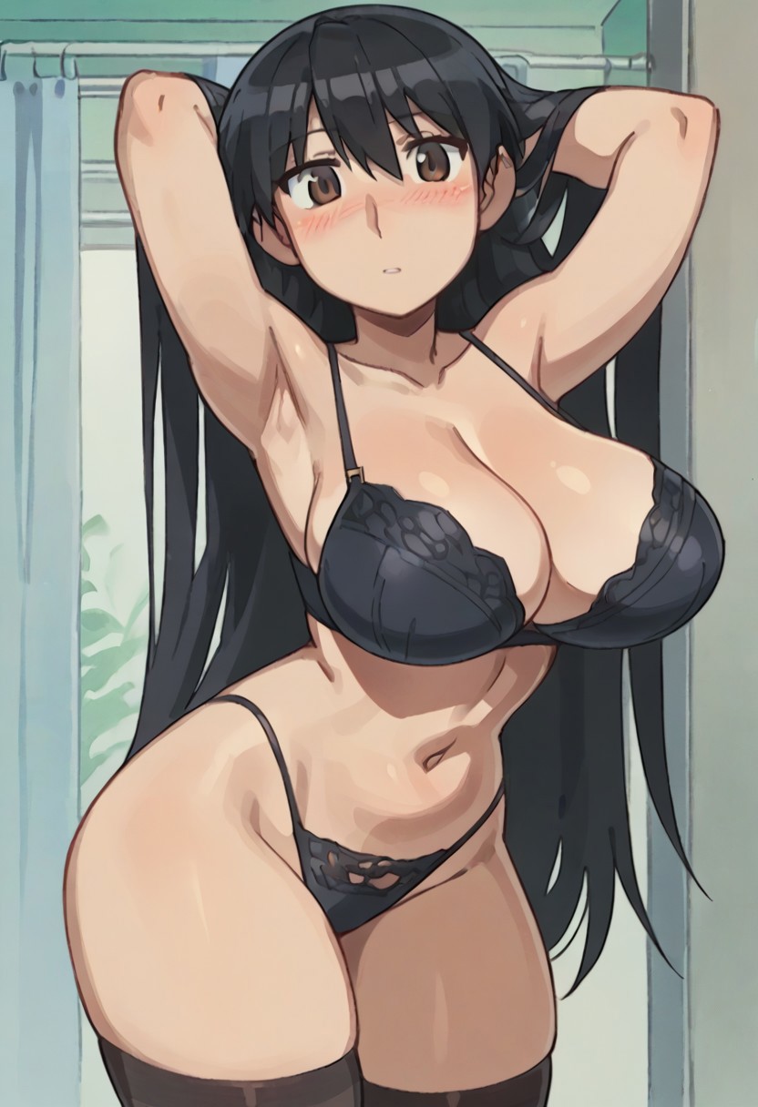 1girls ai_generated arms_behind_head azumanga_daiou big_breasts black_bra black_hair black_panties blush bra breasts brown_eyes caught discovered embarrassed female gastkeser82 huge_breasts large_breasts long_hair looking_at_viewer panties parted_lips petite sakaki solo stockings surprised surprised_expression thighhighs thong undressing voluptuous walking_in_on