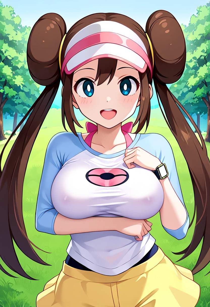 ai_generated arms_on_breasts big_breasts blue_eyes brown_hair civitai headwear large_breasts leggings long_hair pokemon pressing_breasts_together rosa_(pokemon) shirt skirt yellow_skirt