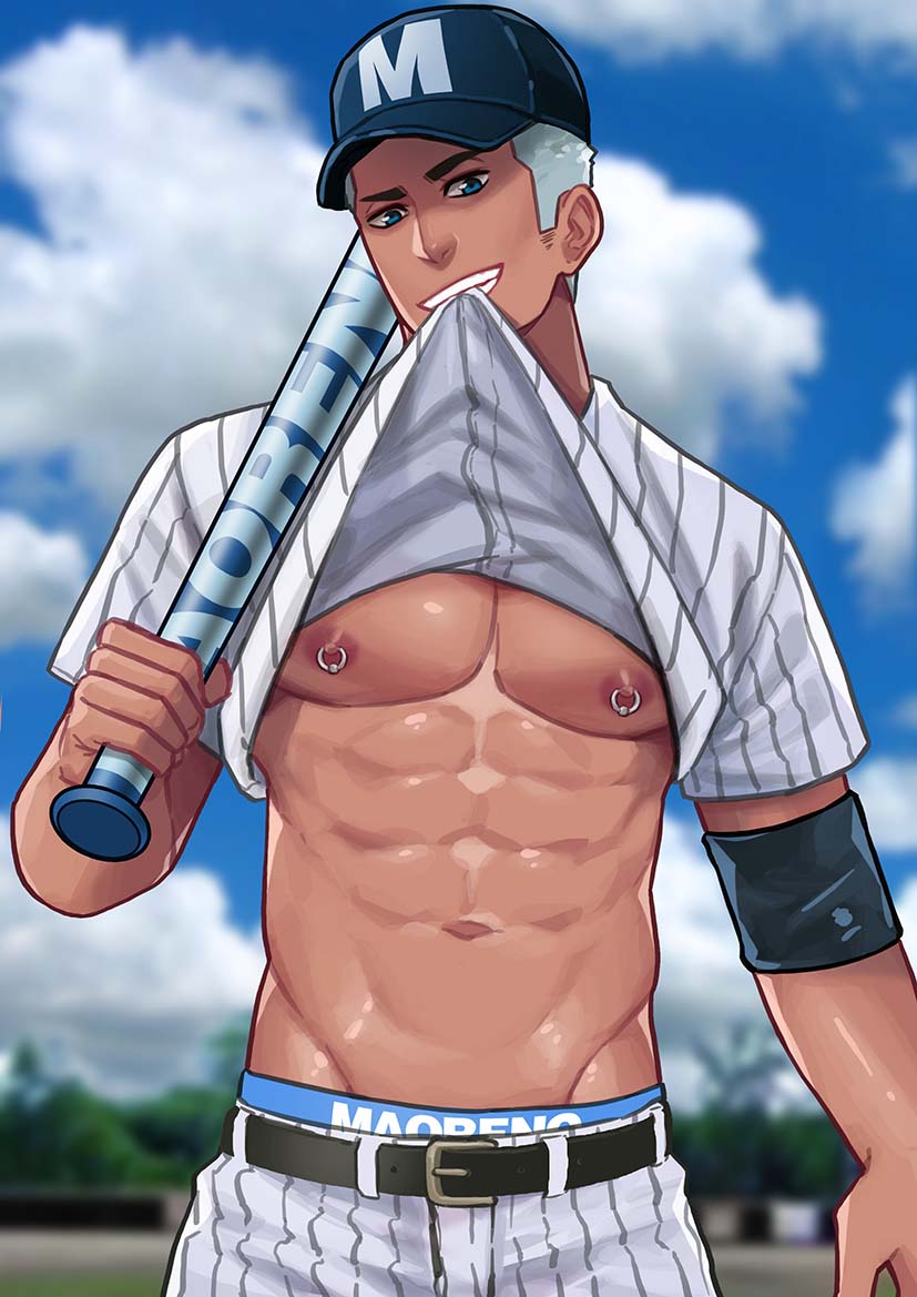 1boy abs baseball baseball_bat baseball_cap baseball_uniform belt cocky exposing_self grey_hair head_tilt looking_at_viewer looking_down looking_down_at_viewer male male_only maorenc muscular nipple_piercing nipples original_character outside pecs presenting seductive shirt_in_mouth shirt_lift smile smiling_at_viewer smirk smirking_at_viewer smug solo solo_male standing