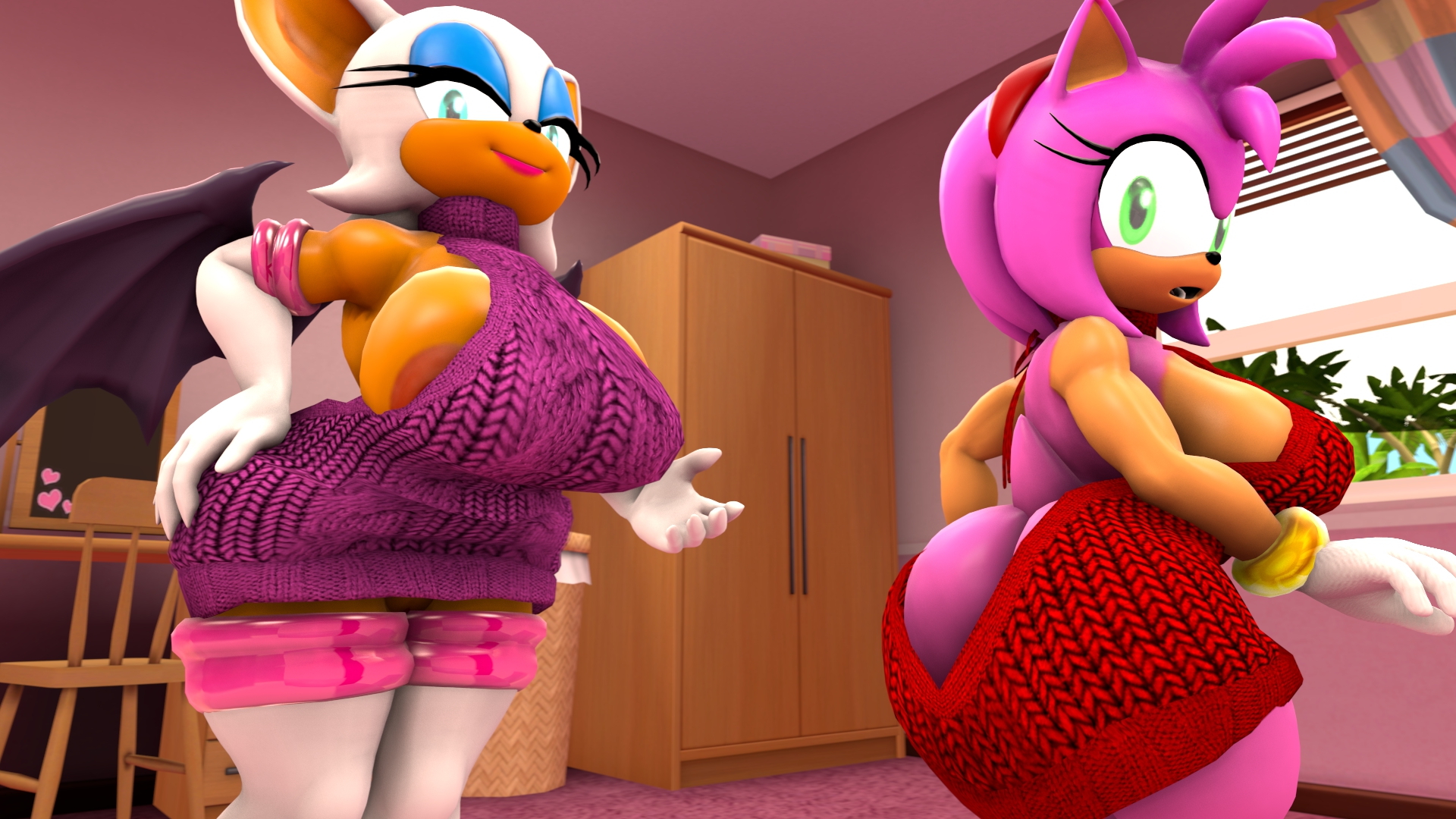 2girls, 3d, 3d model, amy rose, amy rose (kabalmystic), anthro, areola slip, areolae, ass, bat, big ass, big breasts, breasts, busty, clothed, darksorm, dress, eulipotyphlan, female, female only, furry, kabalmystic, looking at viewer, mobian, mobian (species), mobian bat, rouge the bat, rouge the bat (kabalmystic), seductive smile, sega, sonic (series), sonic adventure 2, sonic the hedgehog (series), virgin killer sweater