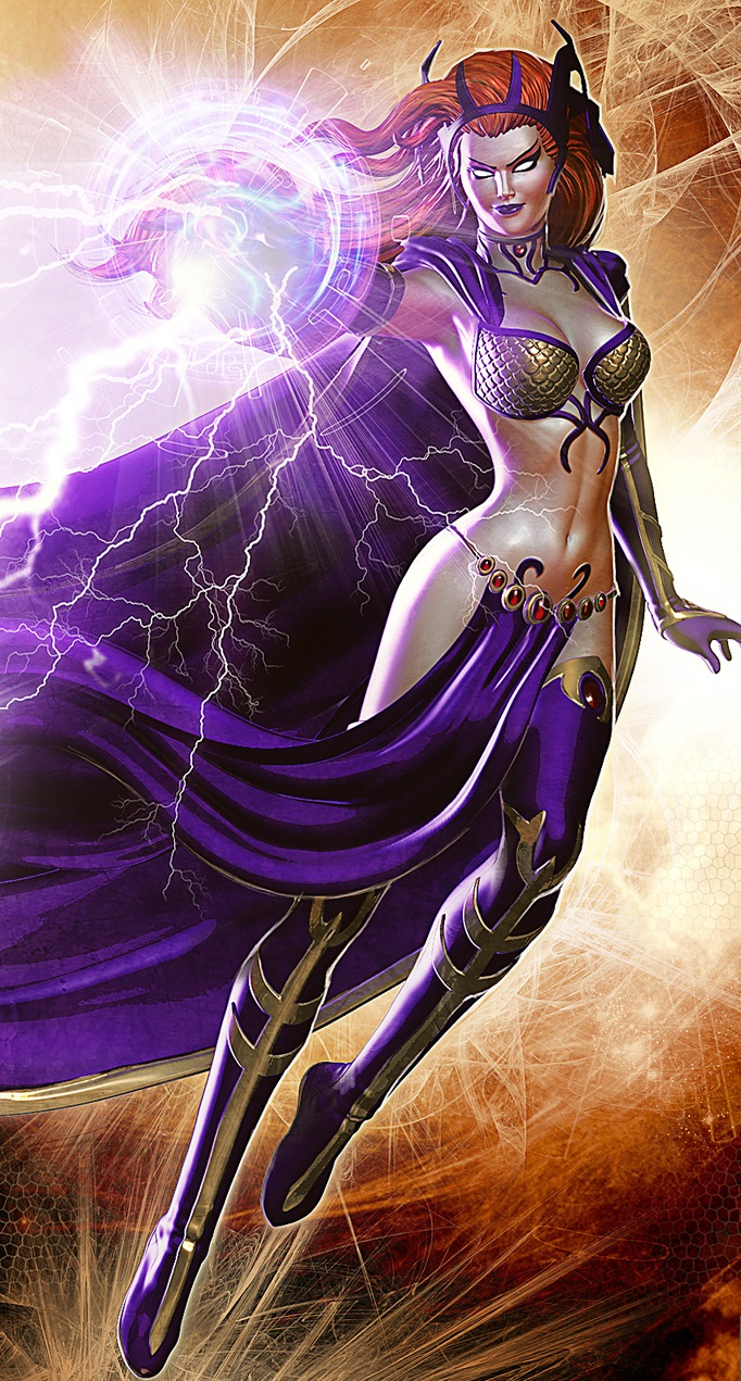 1girls belly_dancer_outfit bikini_armor boots cape circe circe_(dc) cleavage collar curvy dc dc_comics dc_universe_online evil_grin female flying jewelry lightning loincloth long_boots magic metal_bikini navel no_panties official_art purple_clothing purple_lipstick red_eyes red_hair red_jewel revealing_clothes skin_tight skinny smile supervillainess tiara villainess white_eyes witch yellow_background