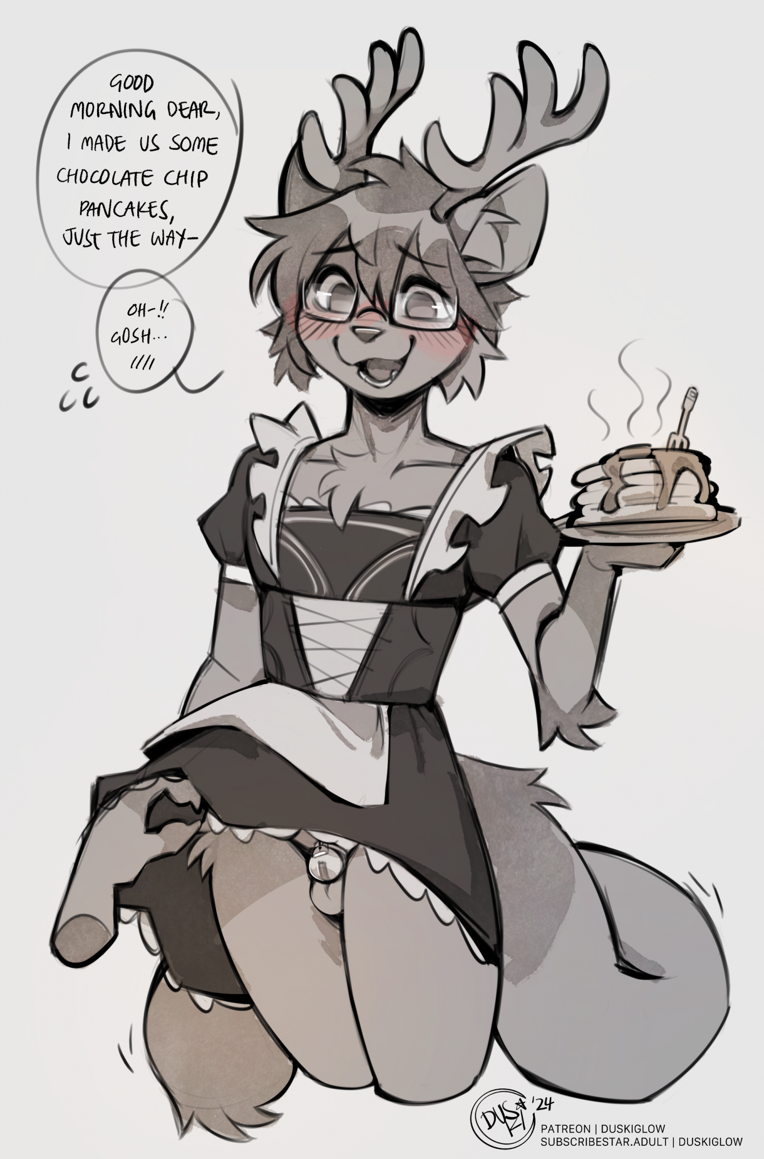 anthro, antlers, balls, blush, bottomwear, chastity cage, chastity device, clothed, clothing, clothing lift, deer, dialogue, dragon, duskihorns, english text, eyewear, femboy, food, fur, furred dragon, furred scalie, genitals, glasses, hair, hi res, horn, hybrid, maid uniform, male, mammal, mythological creature, mythological scalie, mythology, pancake, scalie, signature, simple background, skirt, skirt lift, solo, speech bubble, tail, text, uniform