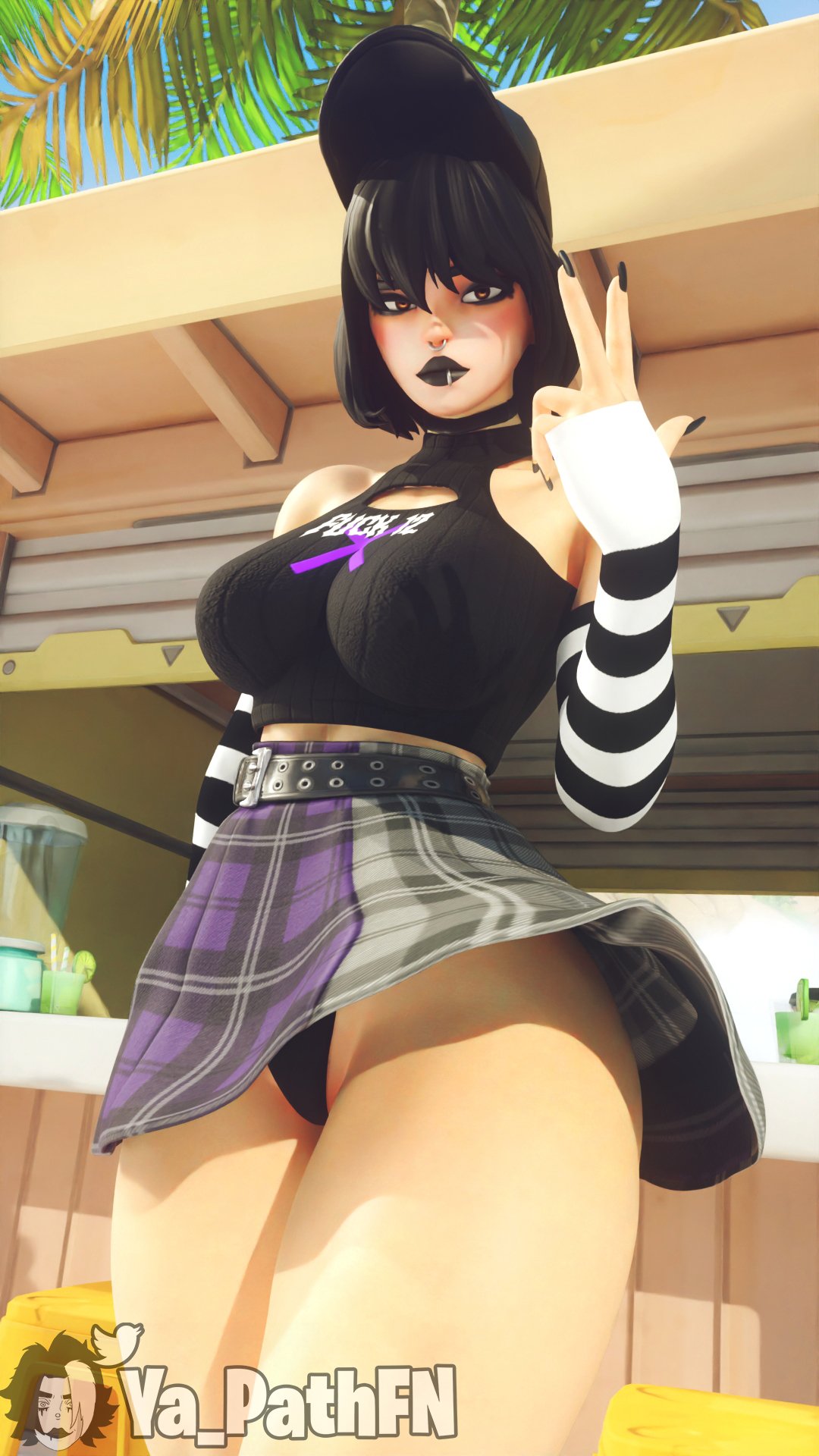 3d arm_warmers black_fingernails black_hair black_lipstick black_panties blender choker clothed epic_games evie_(fortnite) female fortnite goth goth_girl hat looking_at_viewer panties skirt tagme thick_thighs ya_path