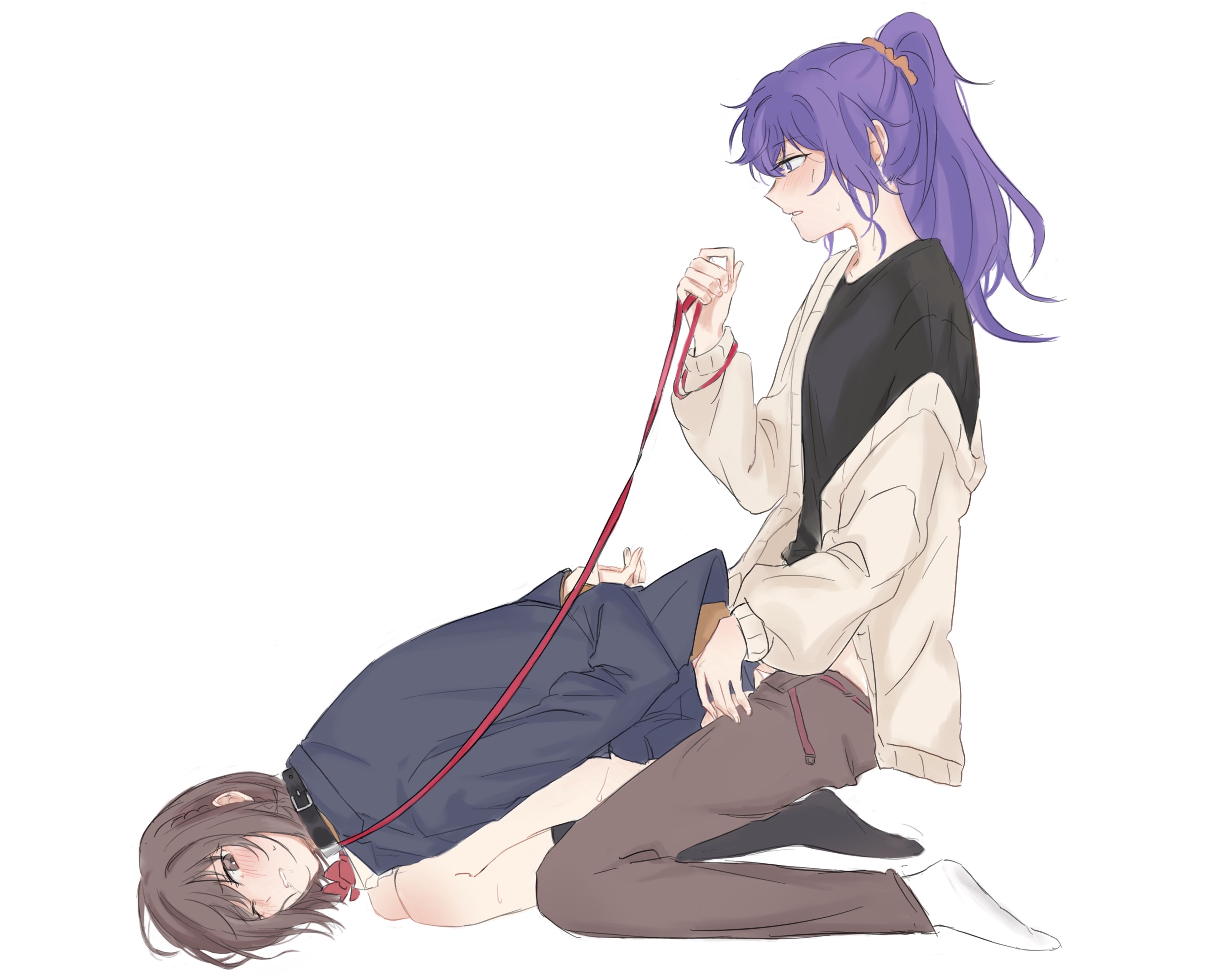 1futa, 1girls, asahina mafuyu, blush, bottomless, breasts, brown eyes, brown hair, clothed, clothing, duo, female, futa on female, futanari, high resolution, highres, human, implied futa, intersex, iynyozora, kneeling, leash, light skin, light-skinned female, light-skinned futa, medium breasts, mostly clothed, naked, one eye closed, partially clothed, partially clothed female, partially nude, partially undressed, penis, project sekai, purple eyes, purple hair, pussy, questionable consent, school, schoolgirl, sex, shinonome ena, thighs, uniform, vaginal insertion, vaginal penetration, vaginal sex