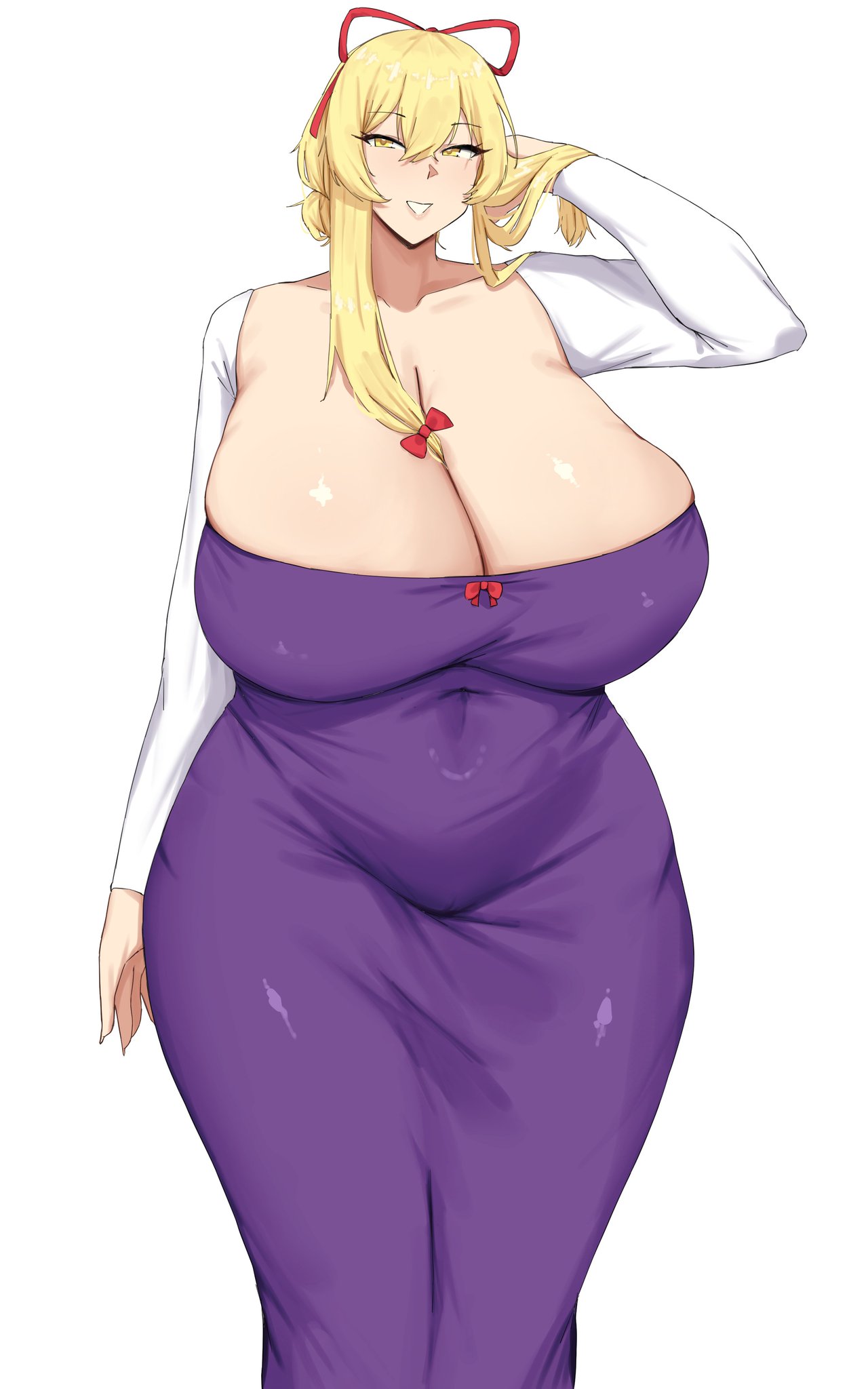 1girls big_breasts blonde_hair breasts cleavage clothed_female huge_breasts light-skinned_female mature_female omikami smile solo solo_female thick_thighs thighs touhou white_background yellow_eyes yukari_yakumo
