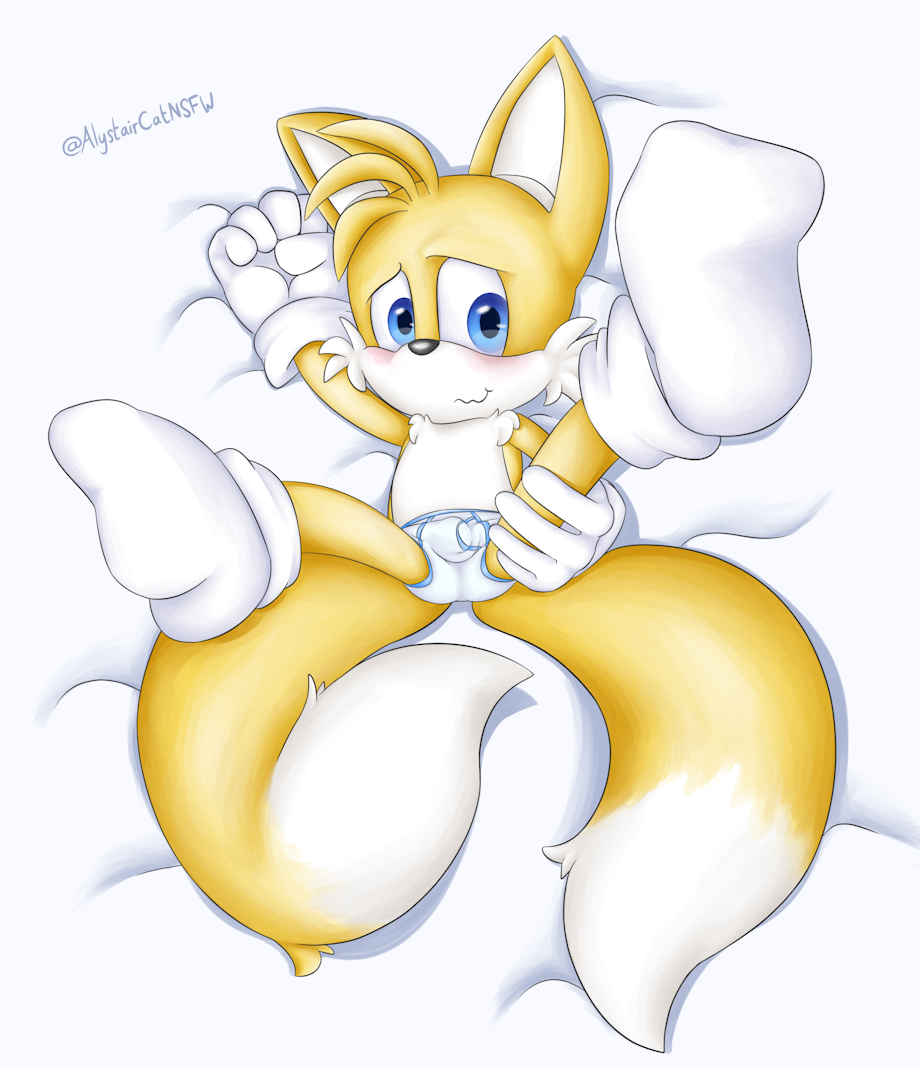 1boy alystaircat anthro ass bed blue_eyes briefs bulge bulge_through_clothing button_nose cheek_tuft embarrassed embarrassed_male fist footwear fox furry gloves handjob holding_legs_up holding_up_own_leg legs_up male male_only pinup pinup_pose ready_to_fuck sheets shy signature socks solo_male sonic_(series) sonic_the_hedgehog_(series) tails tails_the_fox underwear white_body white_briefs white_fur white_gloves white_socks white_underwear yellow_body yellow_fur young