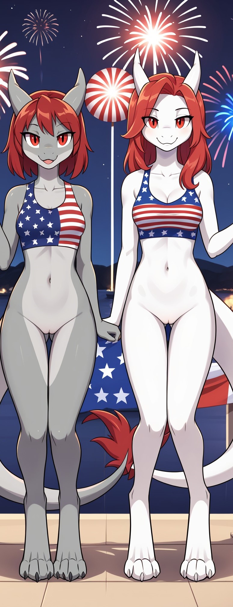 2024 2girls 4th_of_july ai_generated anthro ass_visible_through_thighs balcony bottomless bottomless_female cleavage digitigrade dragon dragon_girl duo duo_focus female female_only fireworks giant_balloon gray_body gray_scales hi_res innie_pussy long_hair looking_at_viewer mythological_creature mythological_scalie mythology night open_mouth pussy red_eyes red_hair reptile scalie seaside short_hair smile starry_sky tank_top tank_top_only white_body white_scales wingless_dragon yodayo